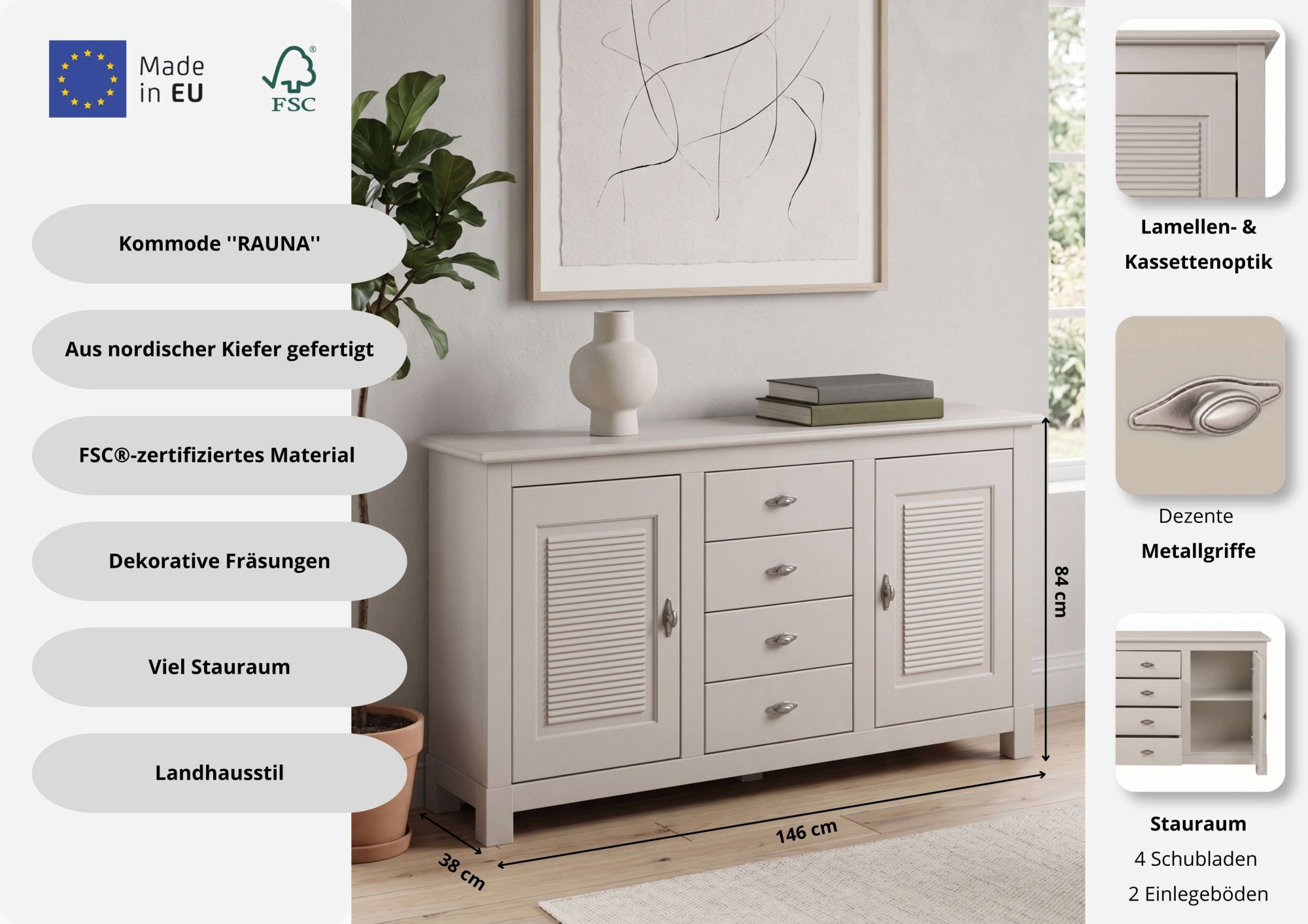 OTTO home Sideboard »Rauna« B/T/H: 150/37/84 cm,  Kommode, FSC®-zertifiziertes Massivholz, Breite 150 cm