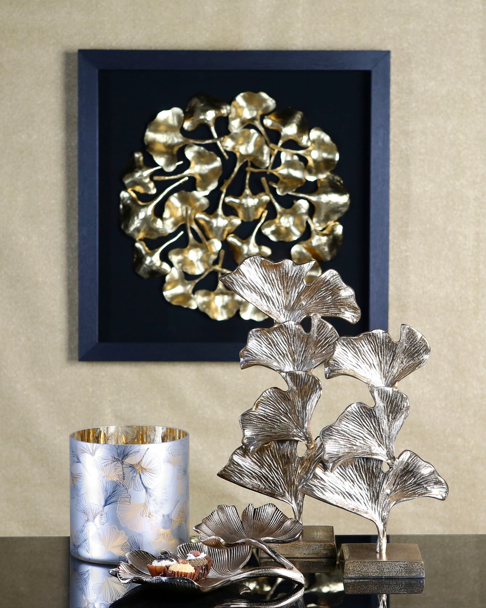 GILDE Dekoobjekt »Skulptur Ginkgo, 2 aus erhältlich, auf Rechnung Wohnzimmer bestellen gold«, Metall, Größen in