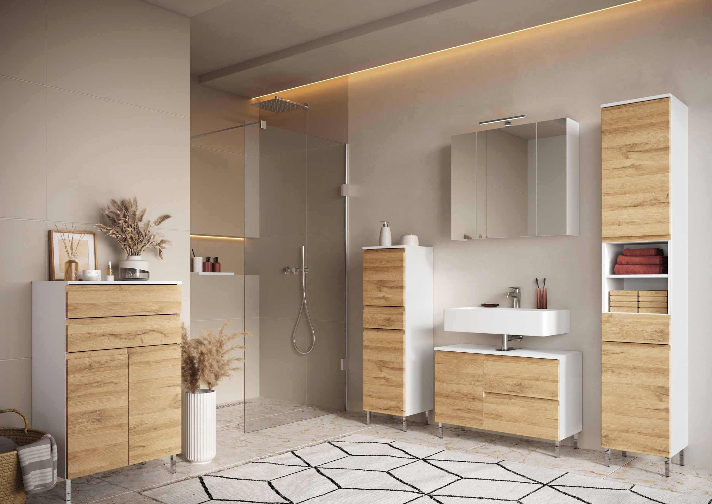 GERMANIA Badmöbel-Set »Torrance«, (4 St.), Unterschrank, Spiegelschrank mit Beleuchtung, Kommode und Hochschrank