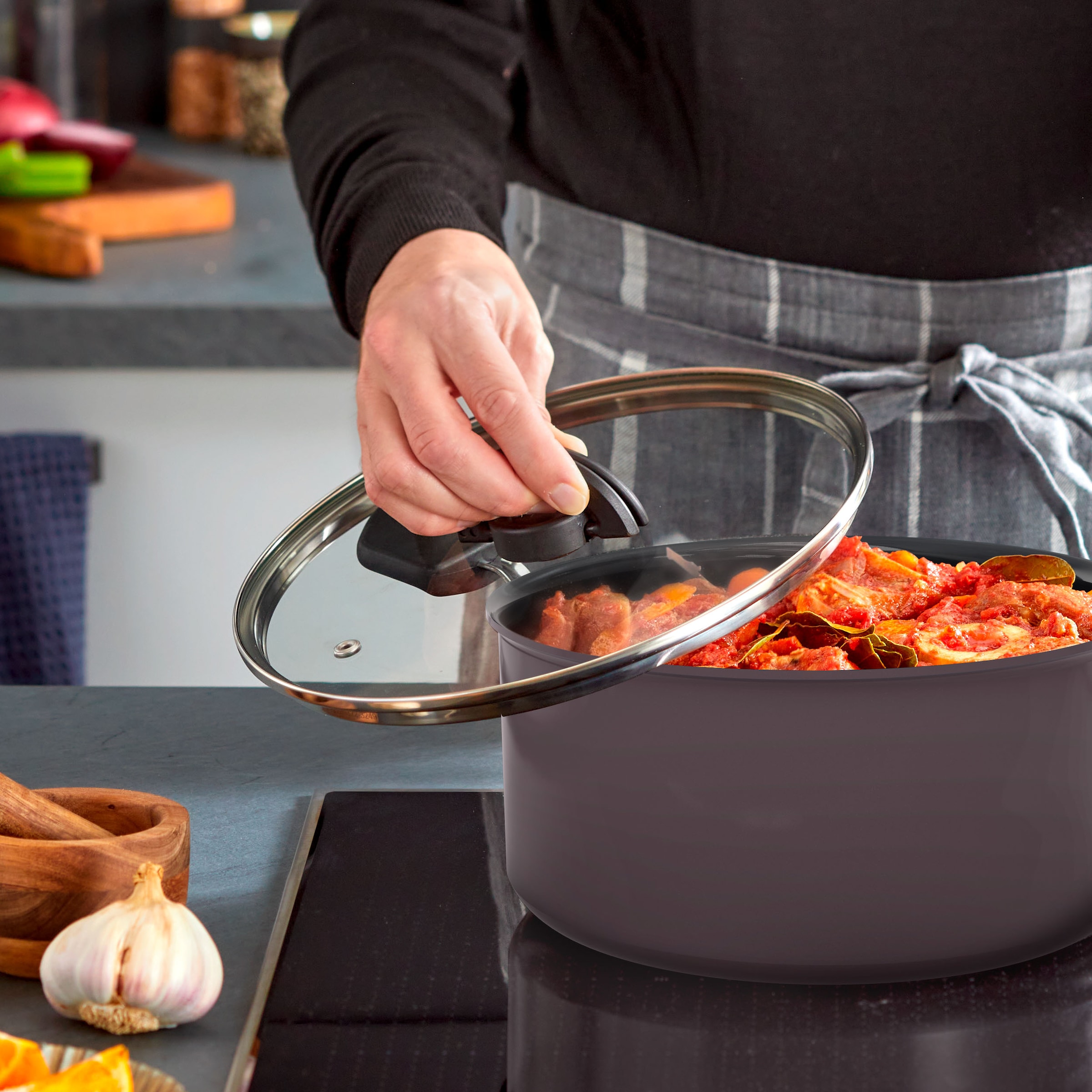 Tefal Schmorpfanne »Ceramic Control Grey« Aluminium 1 Schmorpfanne 24 cm inkl. Glasdeckel,  Keramikbeschichtung, Induktion, Thermo-Signal Temperaturanzeiger