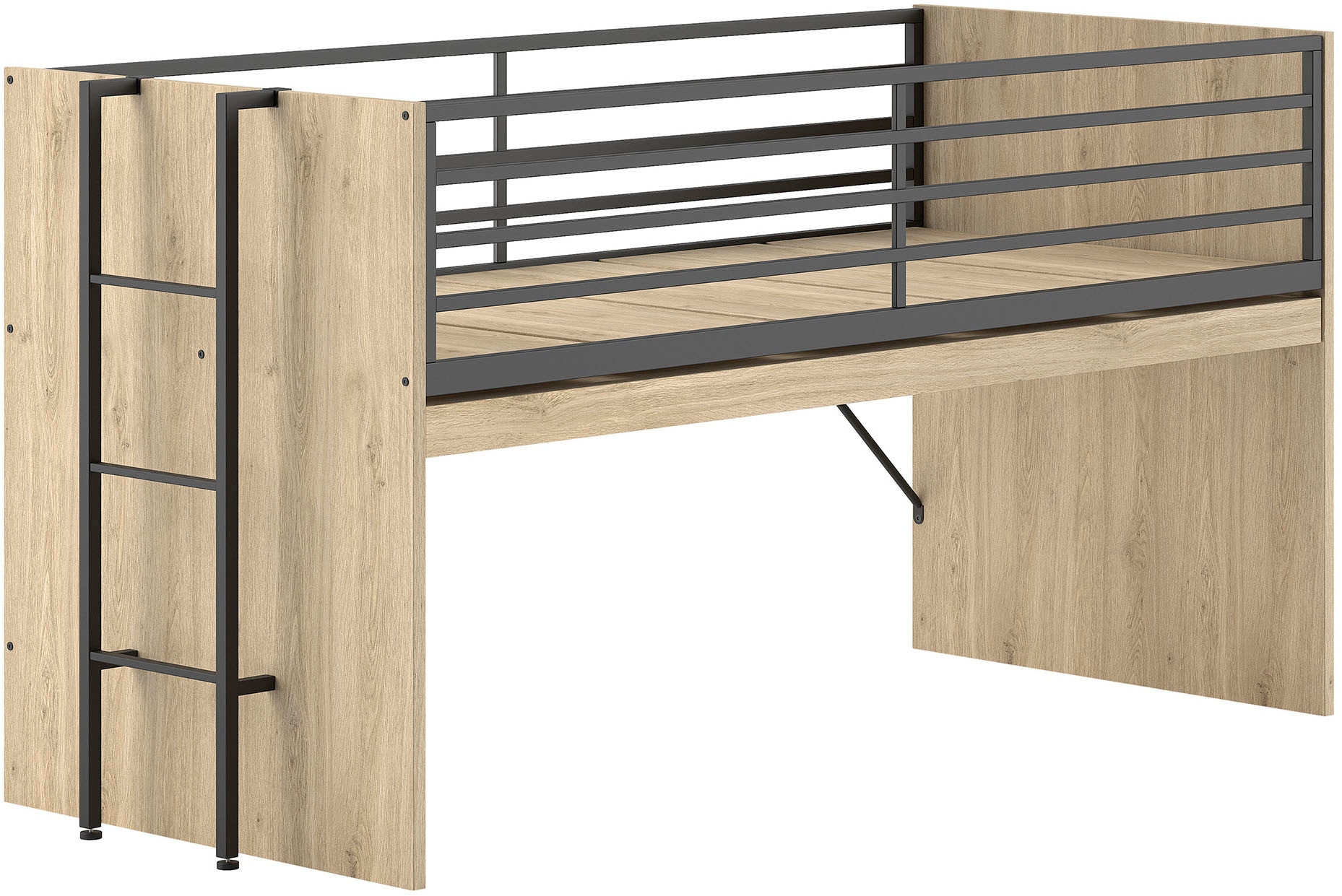 Vipack Hochbett »Sam, schlafen und arbeiten in einem, wahlweise Eiche- oder Weiß-Dekor« Liegefläche 90x200 cm, darunter eine große ausziehbare Schreibplatte,  Inkl. Absturzschutz u. Leiter, pflegeleichte Dekor Oberfläche