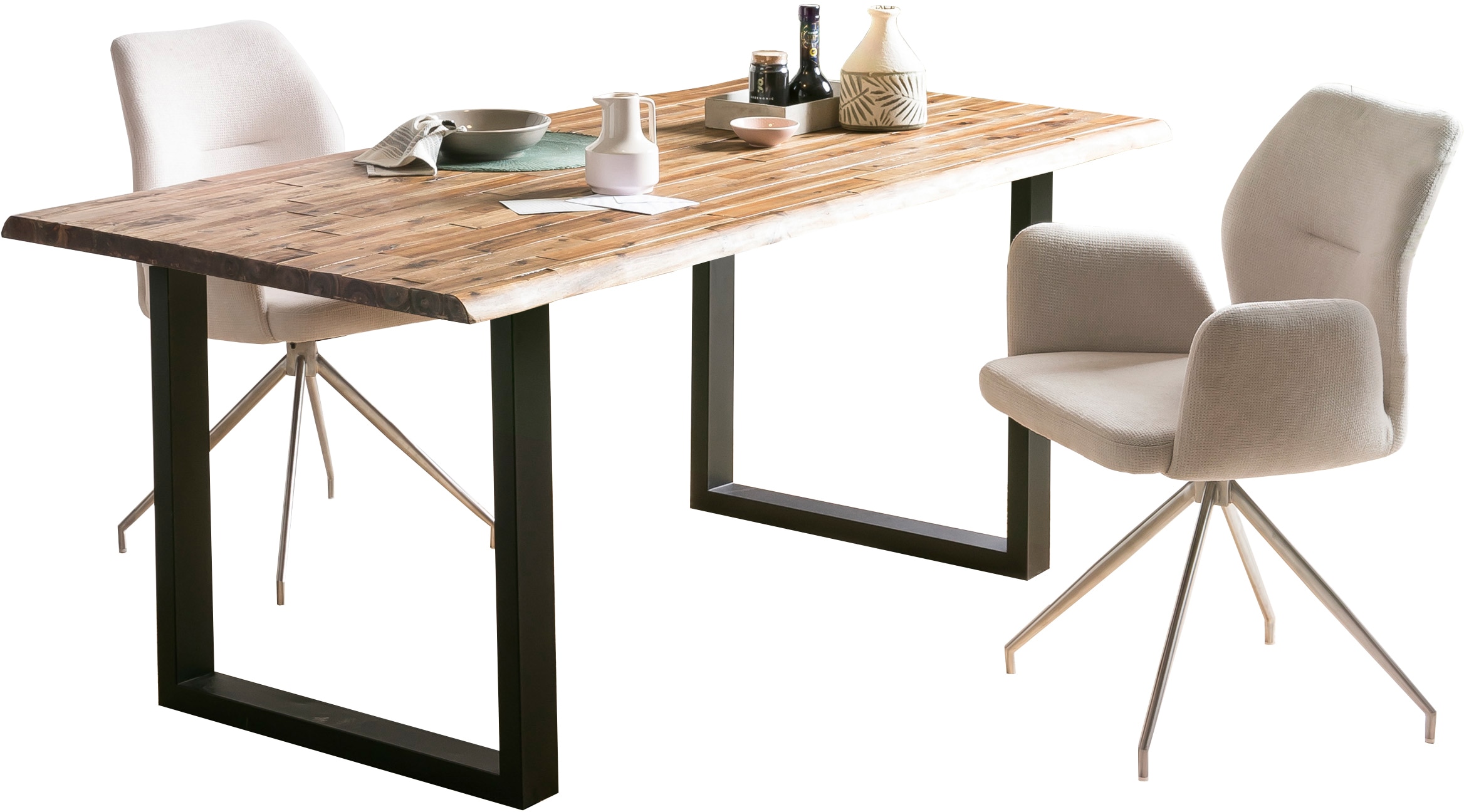 SalesFever Essgruppe »Designstarke Essgruppe«, (Set, 5 tlg.), Tischplatte mit rauer Balken-Oberfläche, Rücken mit Rautensteppung