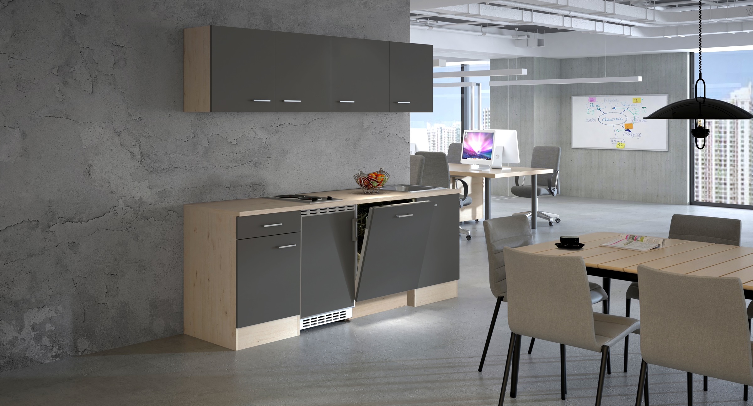 Flex-Well Küchenzeile »Morena , Breite 210 cm, inkl. Geschirrspüler« Officeküche, wahlweise mit 2 Plattenkochfeld und/oder  Mikrowelle