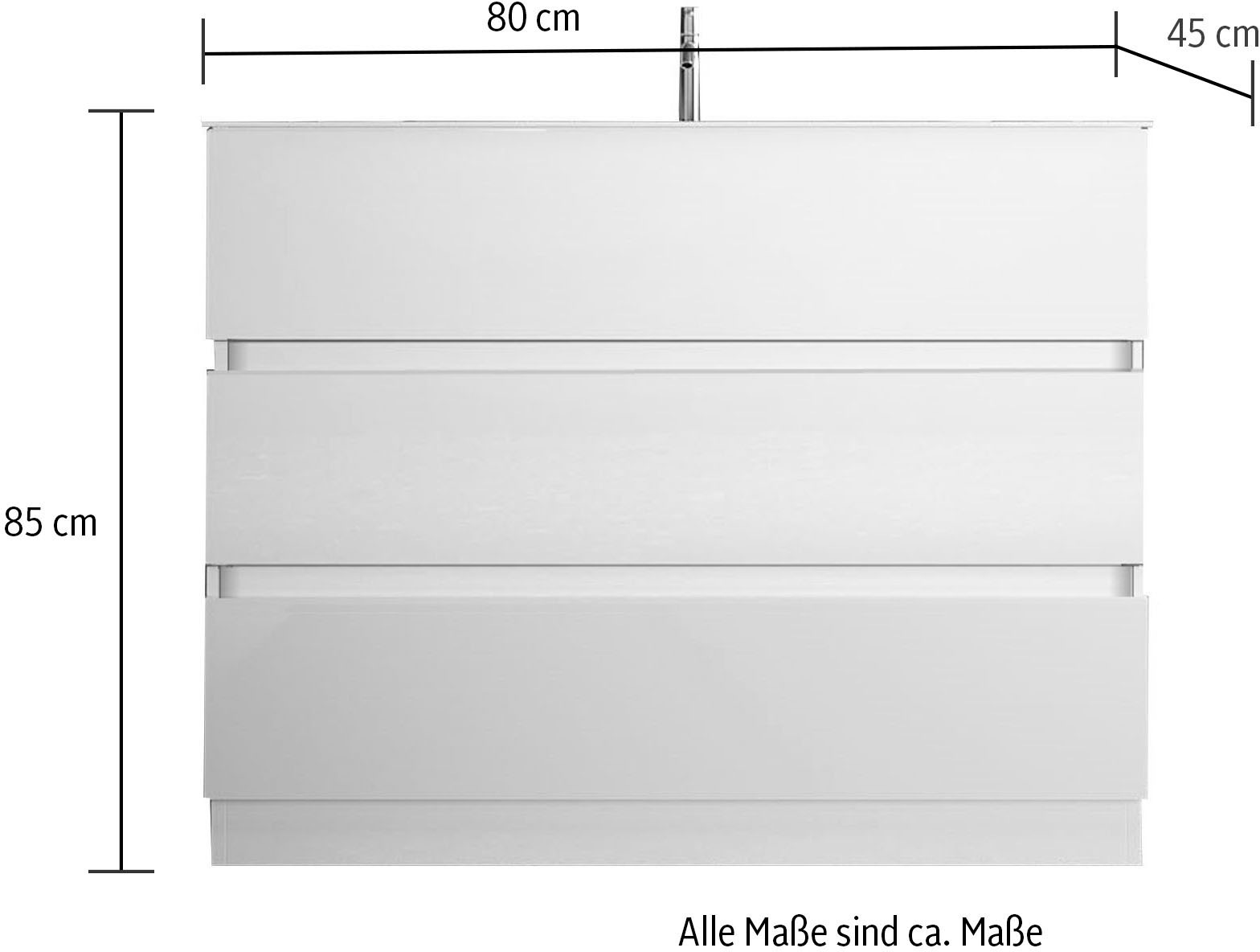 welltime Waschtisch »Start, Breite 80 cm, 2 bzw. 3 Schubkästen«, Badmöbel, Soft-Close, Keramik-Einsatzbecken, Weiß Hochglanz Lack