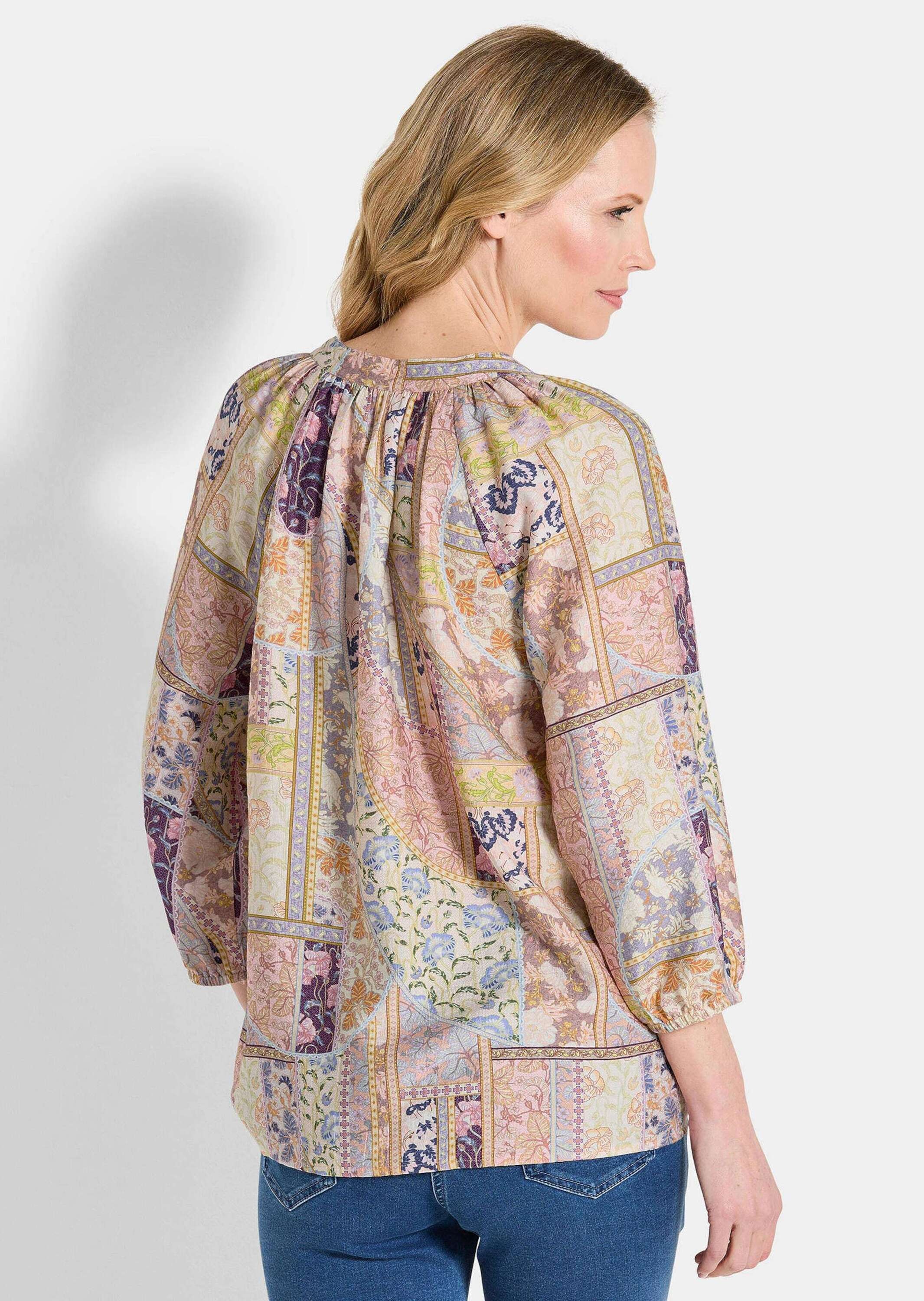 GOLDNER Schlupfbluse »Kurzgröße Luftige Patch-Druck-Bluse mit 3/4-Arm« Bindebändchen
