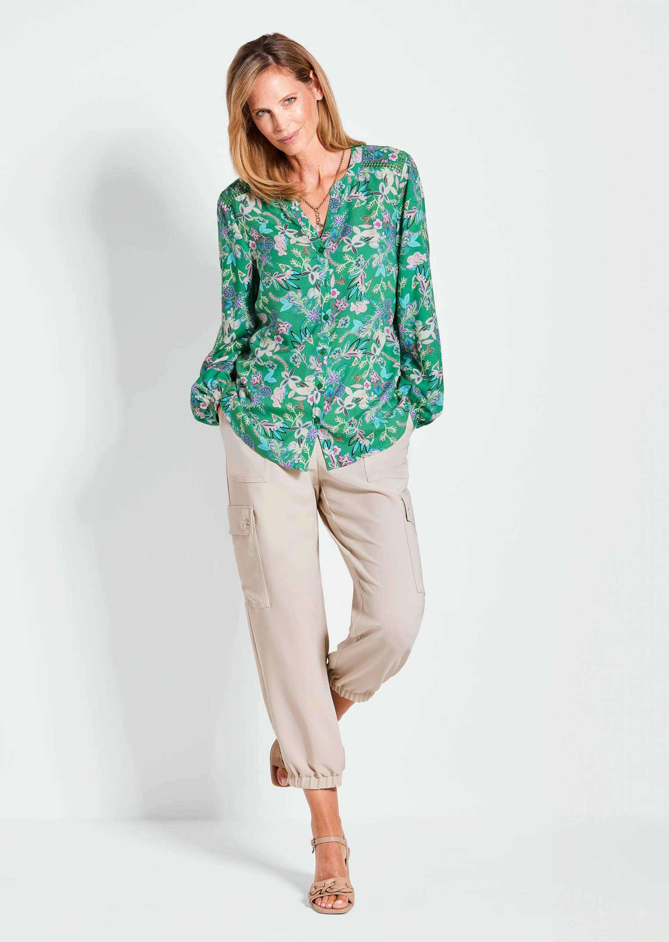 GOLDNER Kurzarmbluse »Kurzgröße Florale Viskosebluse Langarm« Knopfleiste