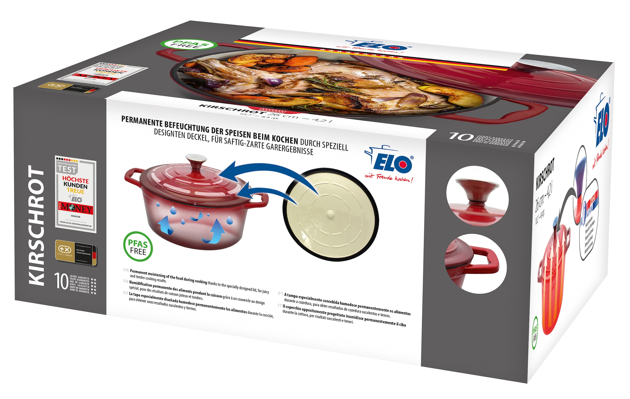Elo Servierpfanne »Kirschrot Gusseisen Pfanne 28 cm« Gusseisen Bräter inkl. Deckel, 2 Stk. tlg. Deckel mit Rillen für zarte Gerichte