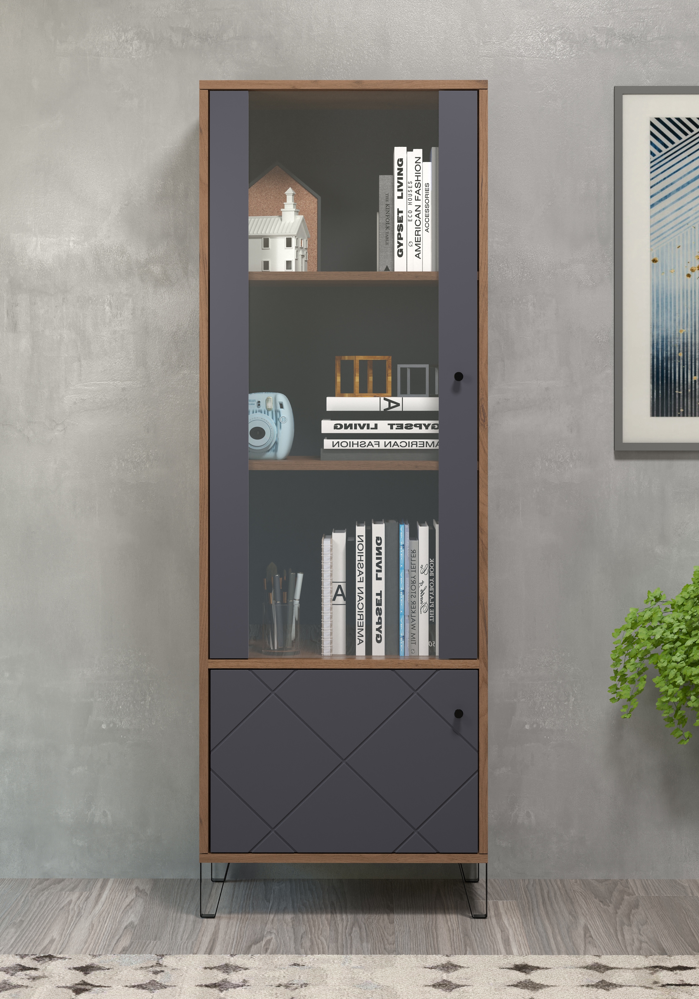 Places of Style Vitrine »Molveno«, (1 St.), Wohnzimmervitrine mit fühlbarer Graphit-Quadratoptik - 63/40/172 cm