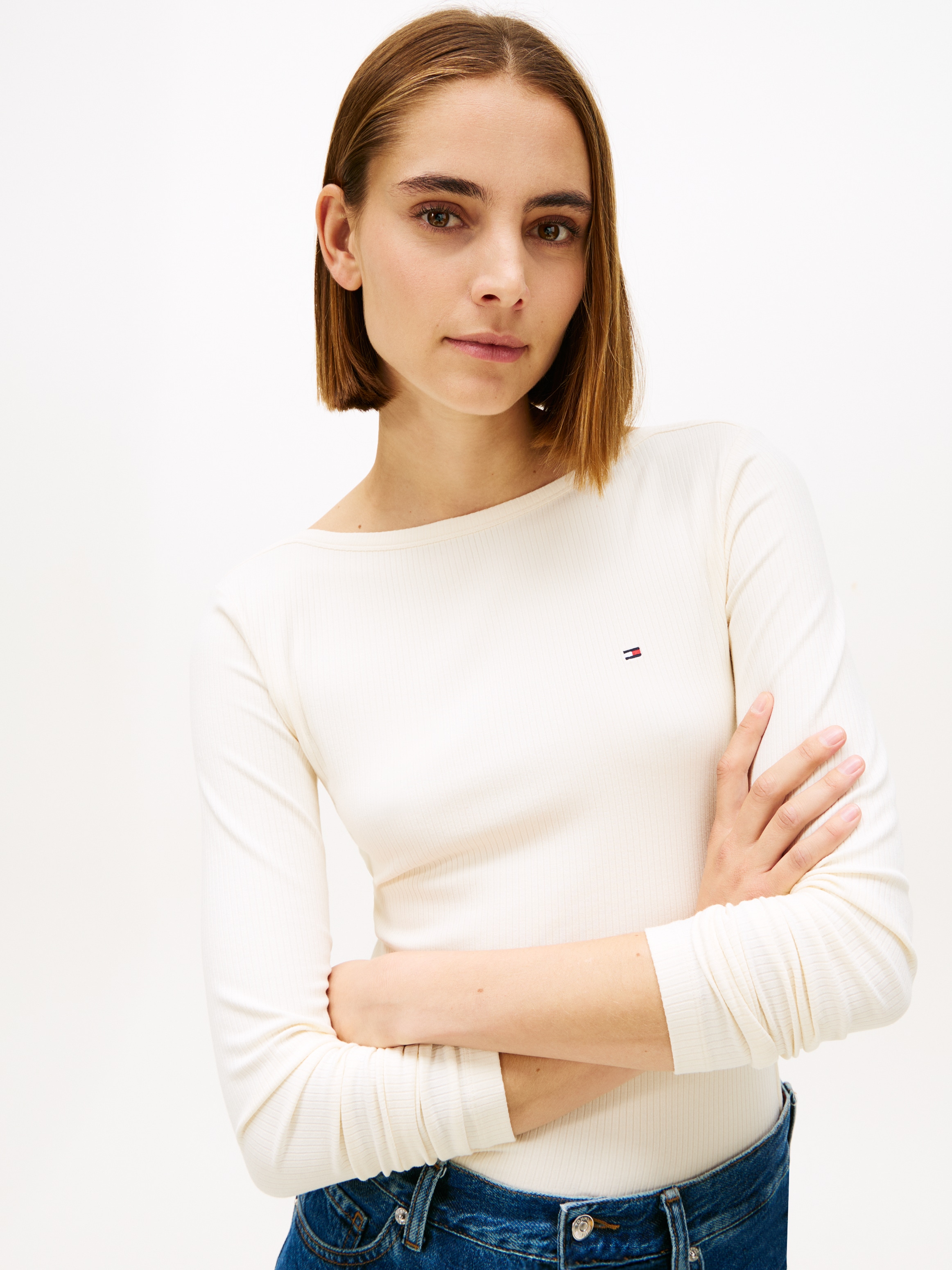 Tommy Hilfiger Langarmshirt »SLIM 5X2 RIB BOAT-NK LS mit U-Boot Ausschnitt und Rippstruktur« unifarben, casual, slim fit, Viskosemix, U-Boot-Ausschnitt