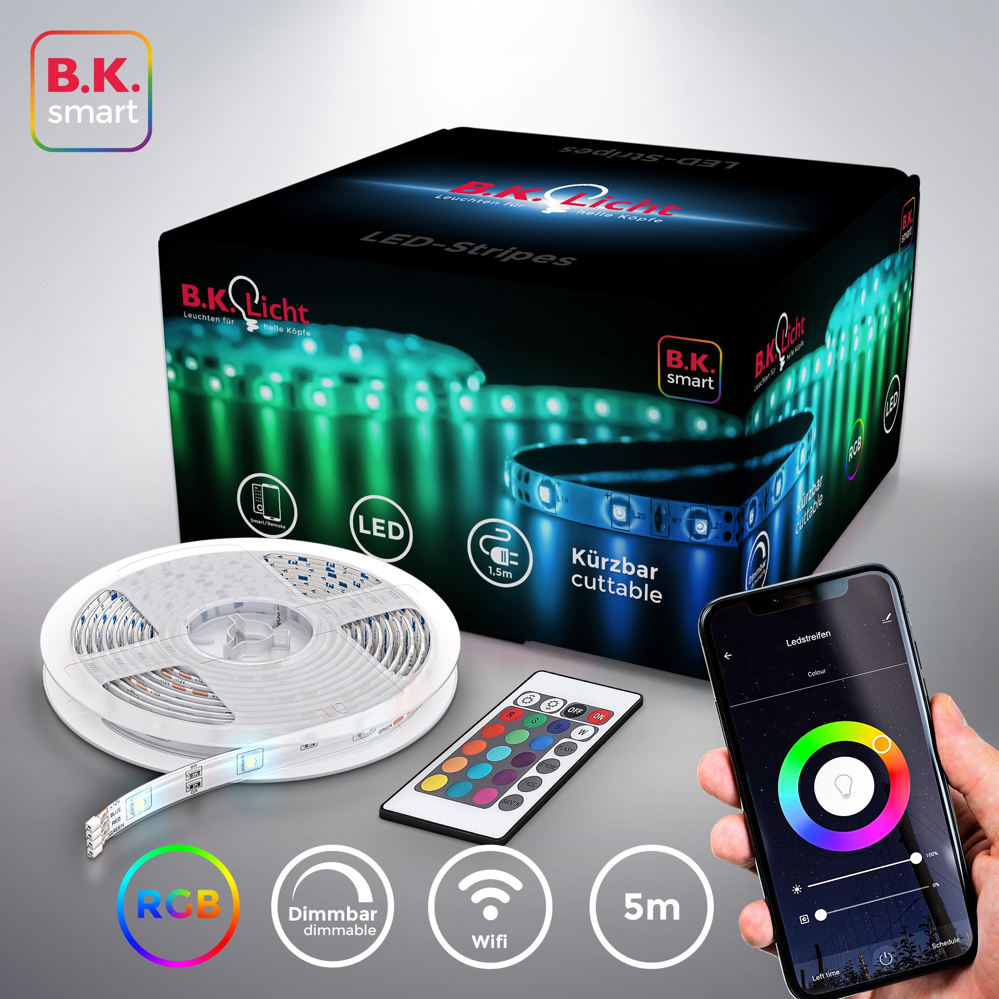 B.K.Licht LED-Streifen, 5m Smart Home LED Band dimmbar mit WiFi App-Steuerung