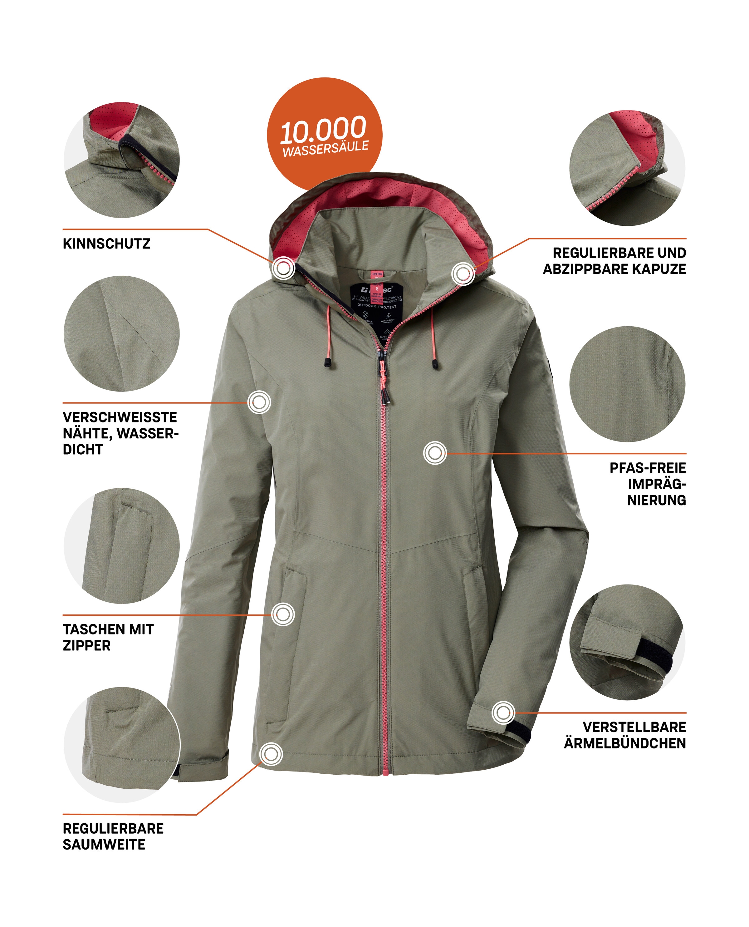 Killtec Outdoorjacke »Damen Regenjacke OOKS 1«, Leichte, wasser- und winddichte Jacke, atmungsaktiv, abnehmbare Kapuze