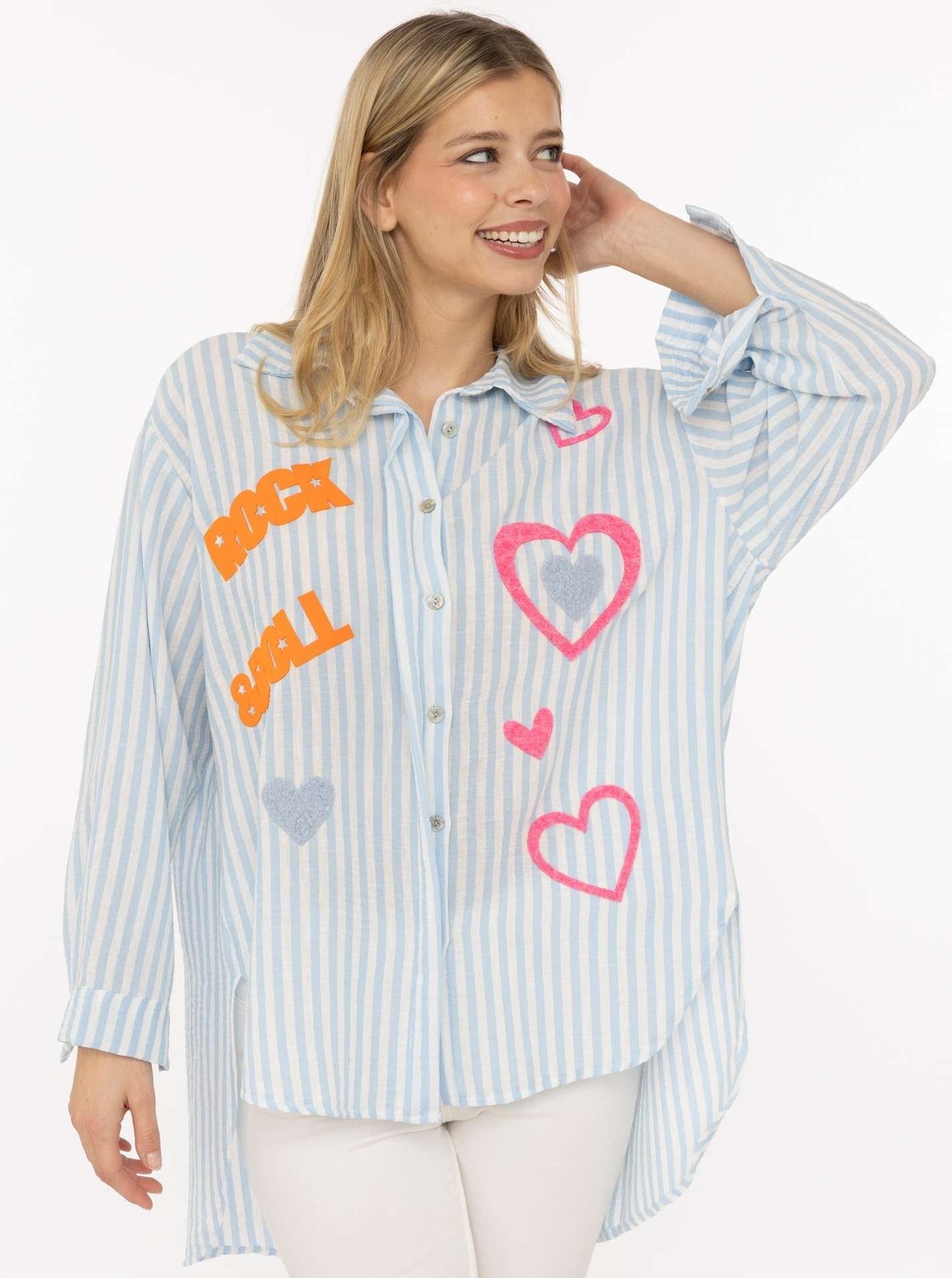 Zwillingsherz Hemdbluse »"Rock n' Roll Patches"« gestreift, länger geschnitten, auffallende Teddy-Patches, Knopfleiste