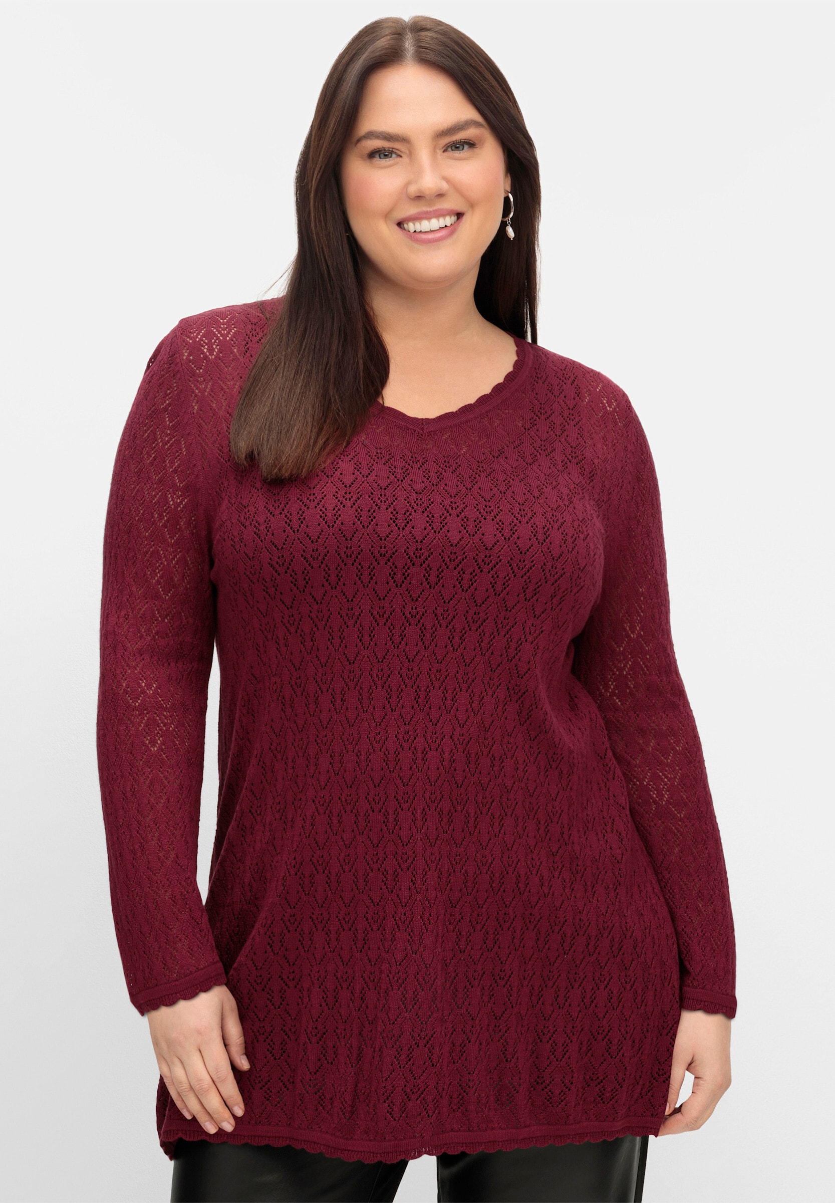 Sheego Longpullover »V-Ausschnitt-Pullover Ajourpullover in leichter A-Linie«