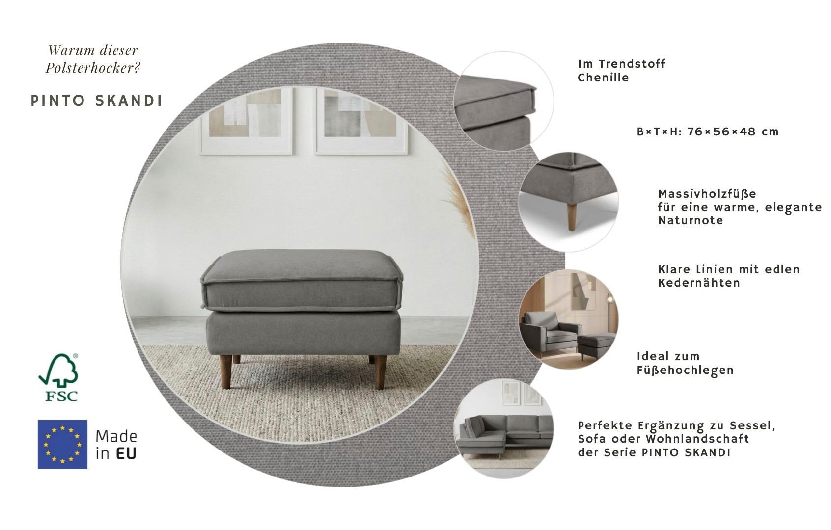 Home affaire Polsterhocker »Pinto Skandi« mit Keder, Massivholzfüße Eiche geräuchert