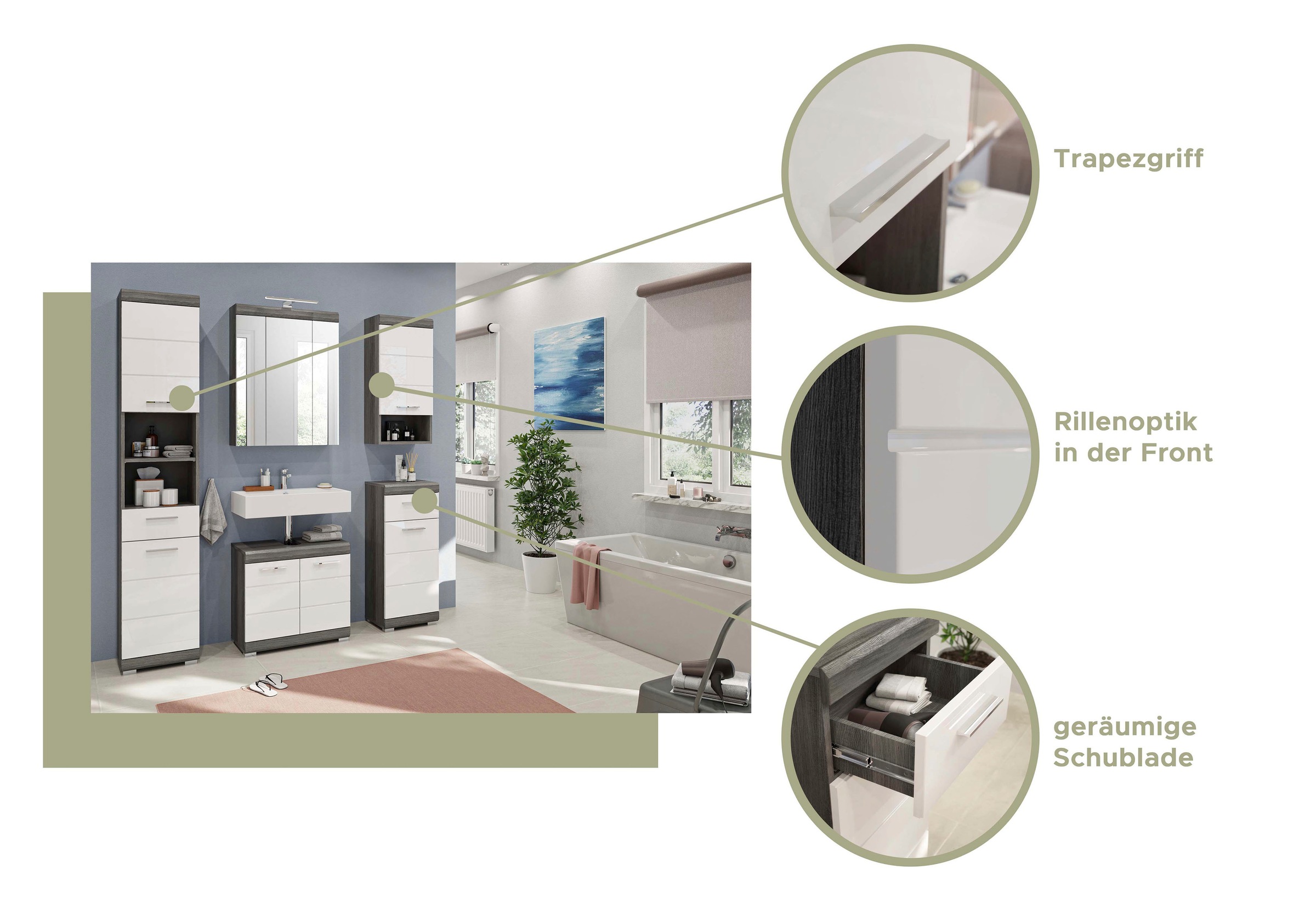 INOSIGN Badmöbel-Set »Siena, 5 teilig, inklusive LED Beleuchtung, bestehend aus:«, (Set, 5 St., TOPSELLER!), Hochschrank, WBU, Spiegelschrank, Unterschrank, Hängeschrank
