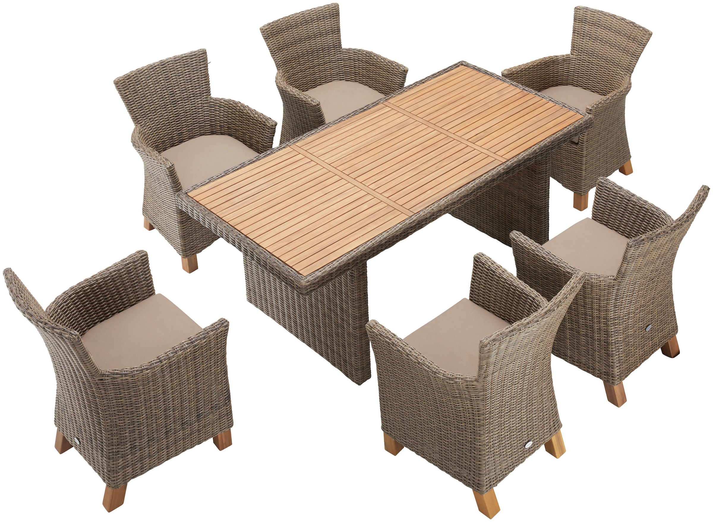 MERXX Garten-Essgruppe »Toskana«, (13 tlg., 6 Sessel, 1 Wangentisch 185x90 cm, inkl. Sitzkissen), Aluminium, Polyrattan, Akazienholz FSC 100 %, geeignet für 6 Personen
