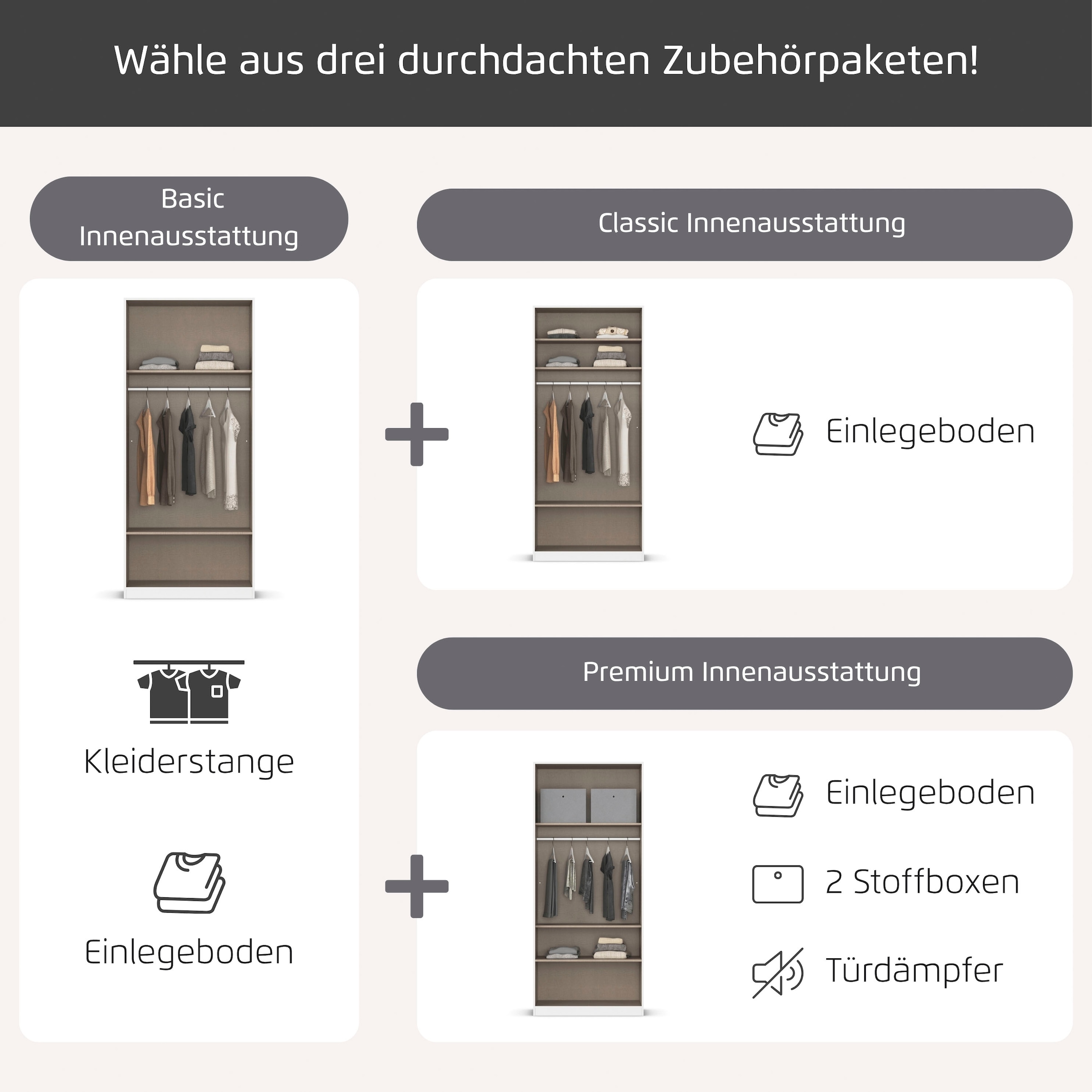 rauch Drehtürenschrank »Kleiderschrank Garderobe GAMMA Breiten 91/136/181/226/271/315/360 cm« in 3 Ausstattungen BASIC/CLASSIC/PREMIUM (inkl. SOFT-CLOSE-Funktion),  mit Schubladen, verschiedene Griff-Varianten TOPSELLER MADE IN GERMANY