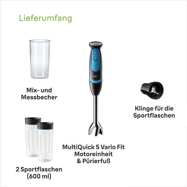 Braun Stabmixer »MQ 5252 BKBL MultiQuick 5 Vario«, 1000 W, mit Smoothie2Go  Funktion und EasyClick System, Schwarz/Blau mit 3 Jahren XXL Garantie