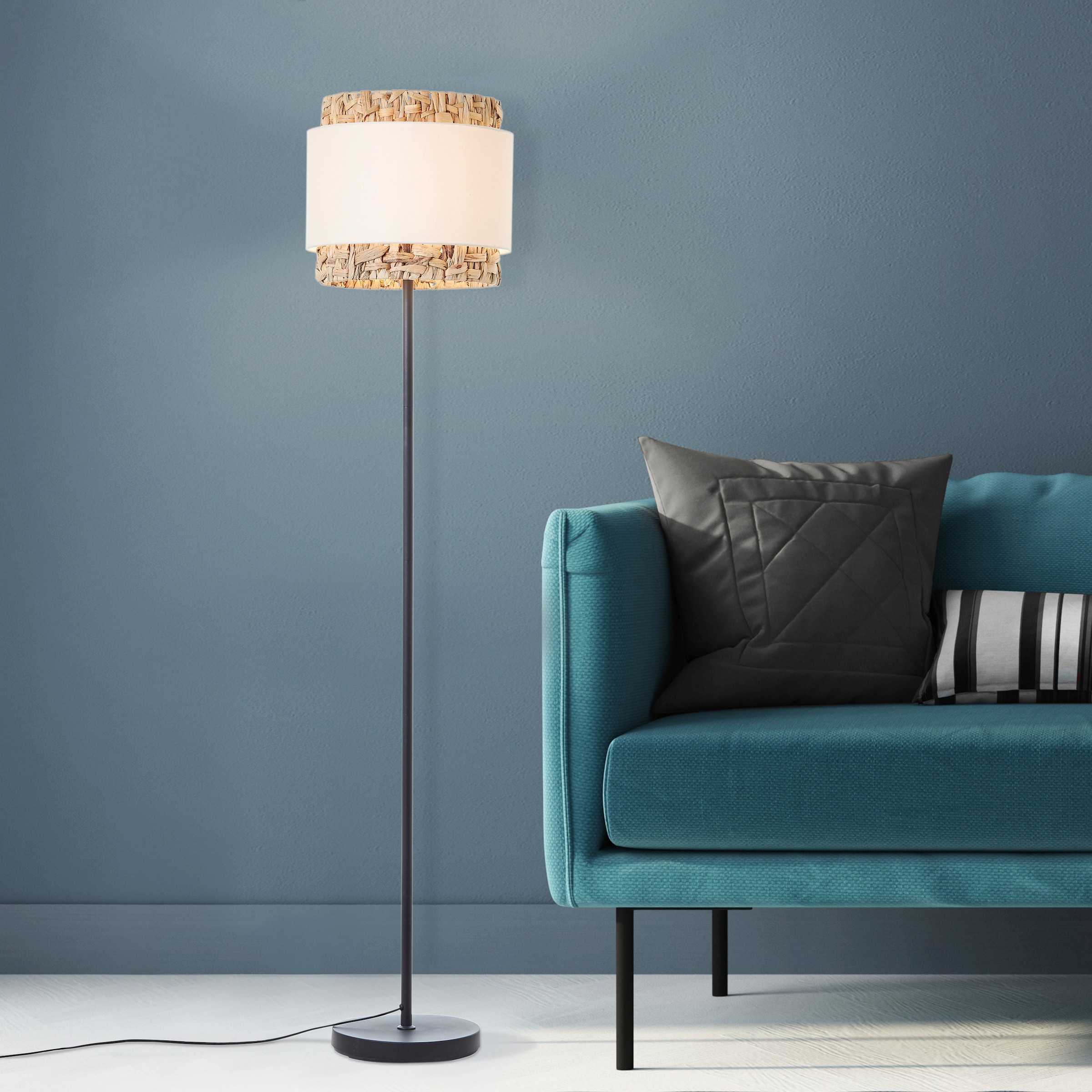 Brilliant Stehlampe »Waterlilly«, 1 flammig-flammig, Ø 35 cm, E27, Metall/Textil/Wasserhyazinthe, schwarz/natur/weiß