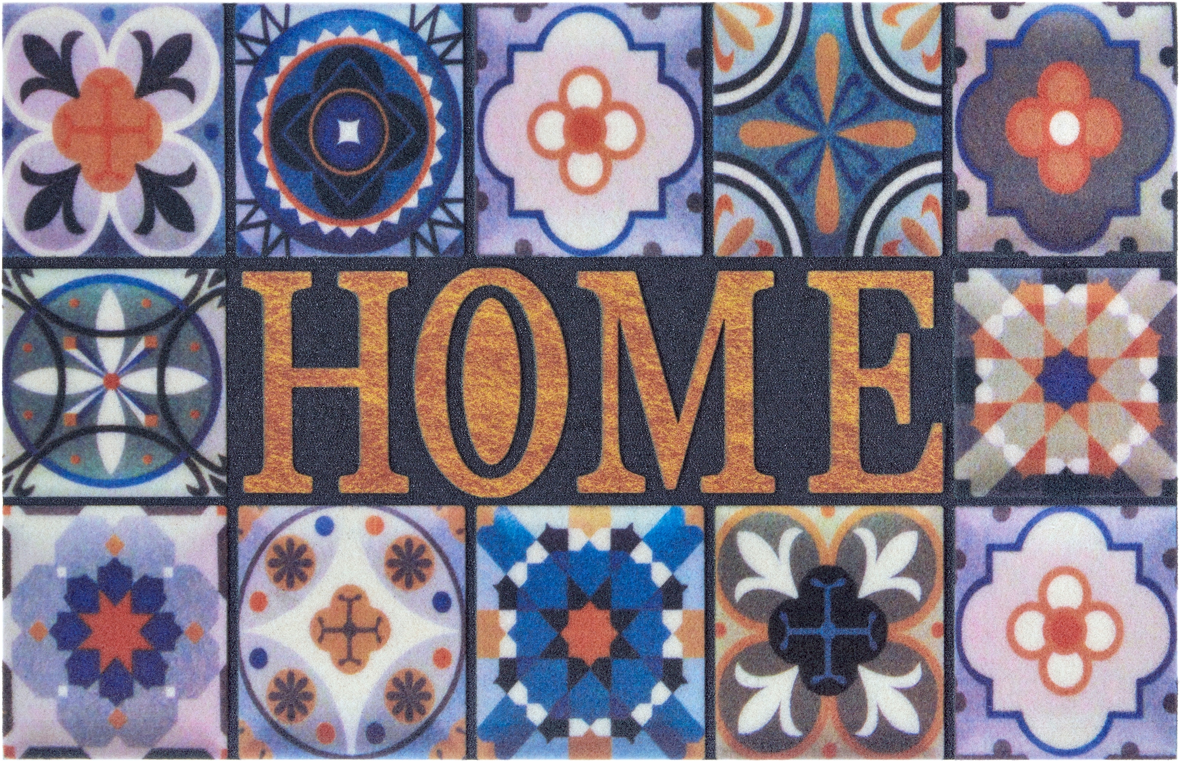 Home affaire Fußmatte »Home Kacheln«, rechteckig, Design mit Spruch, Farbenfroh, Robust, Pflegeleicht, Rutschfest
