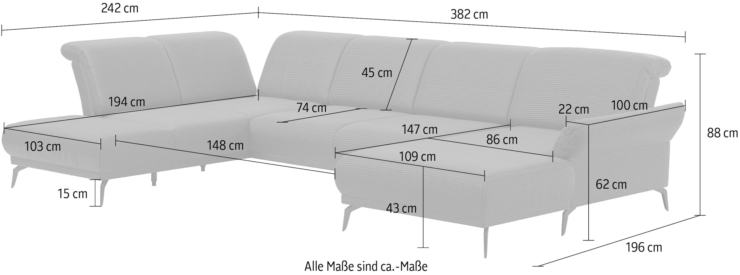 sit&more Wohnlandschaft »Coco U-Form« Sitztiefen-, Arm- und Kopfteilverstellung, Cord-Bezug, Fußhöhe 15 cm