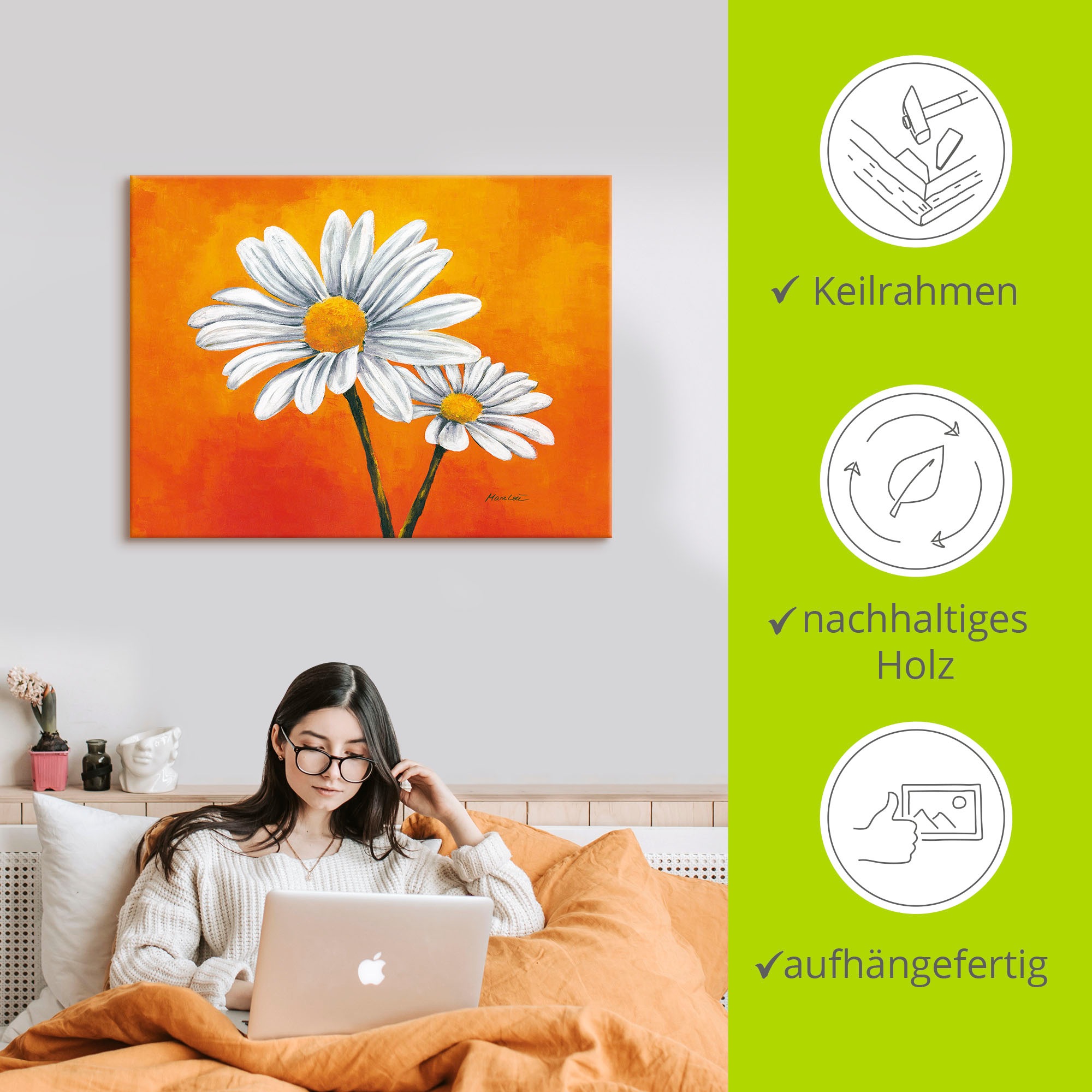 Artland Wandbild »Margeriten auf Orange«, Blumen, (1 St.), als Alubild, Leinwandbild, Wandaufkleber oder Poster in versch. Größen