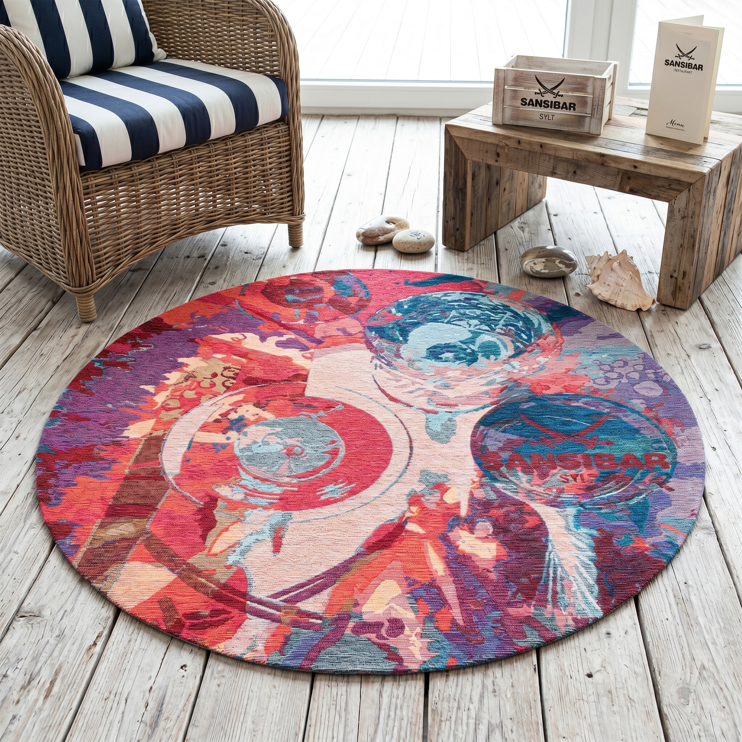 Sansibar Teppich »Keitum 008« rund 3 mm Höhe Flachgewebe, modernes Design, Motiv Gläser & gekreuzte Säbel