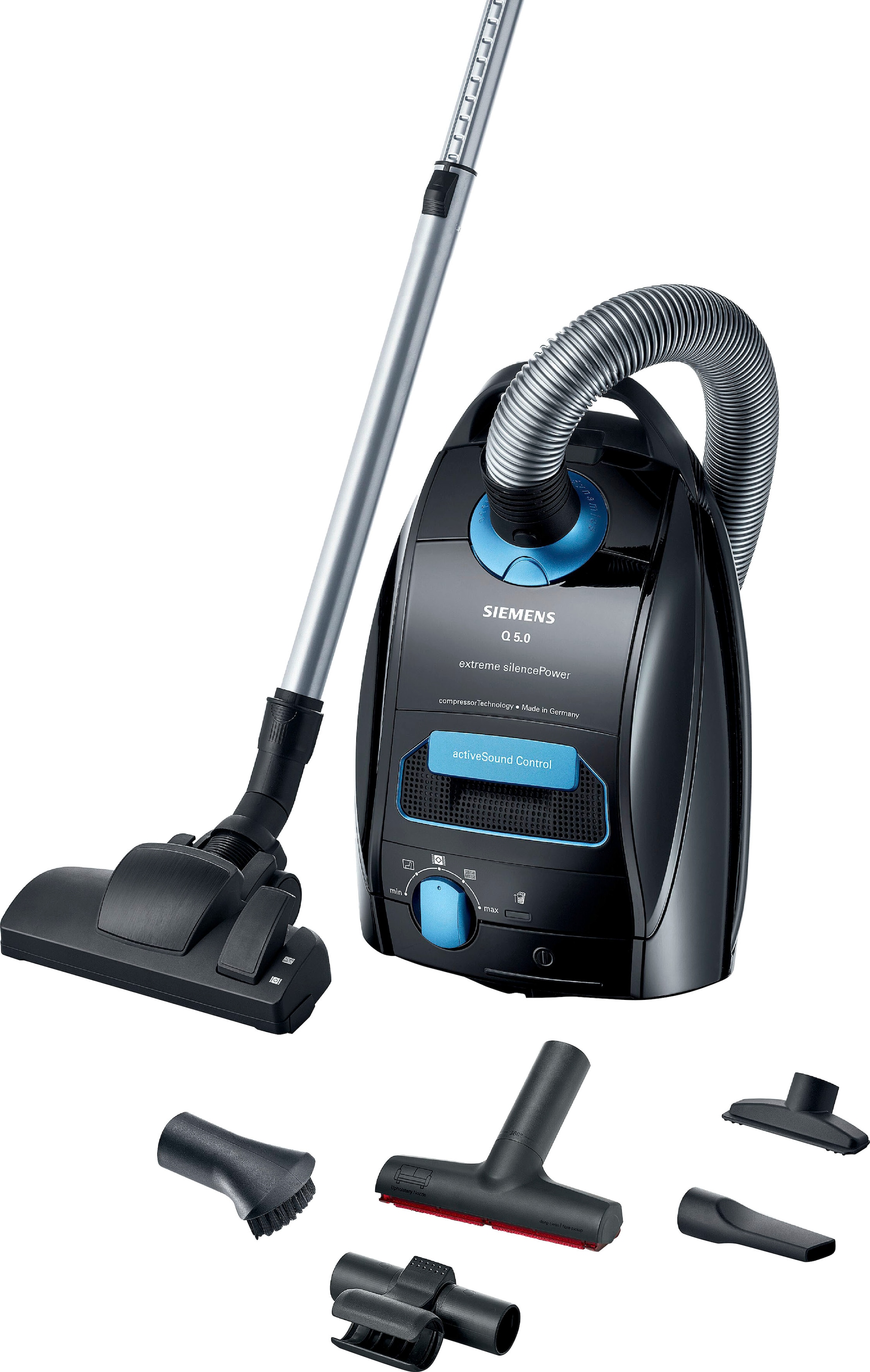 SIEMENS Bodenstaubsauger "Q5 extreme silencePower VSQ5X500, ideal für Allergiker, Hygiene-Filter" 650 W mit Beutel Starke Saugleistung, XXL-Polsterdüse, langes Kabel, schwarz