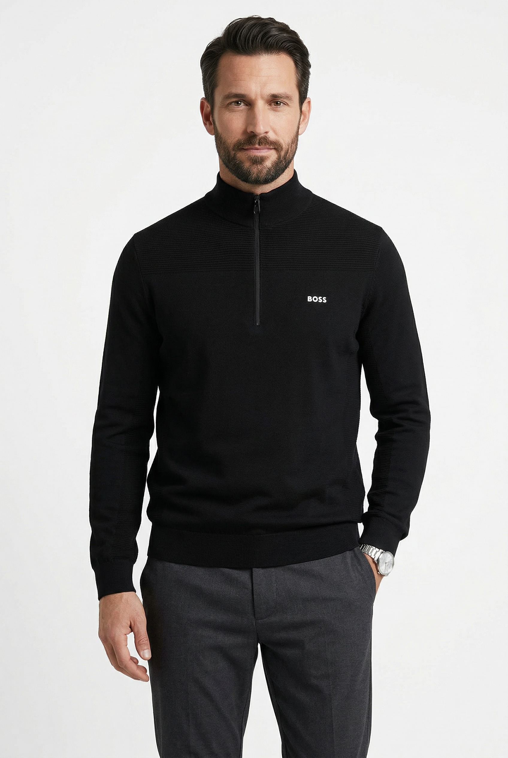 BOSS GREEN Strickpullover Stehkragen mit Reißverschluss, Regular Fit, Woll-Anteil