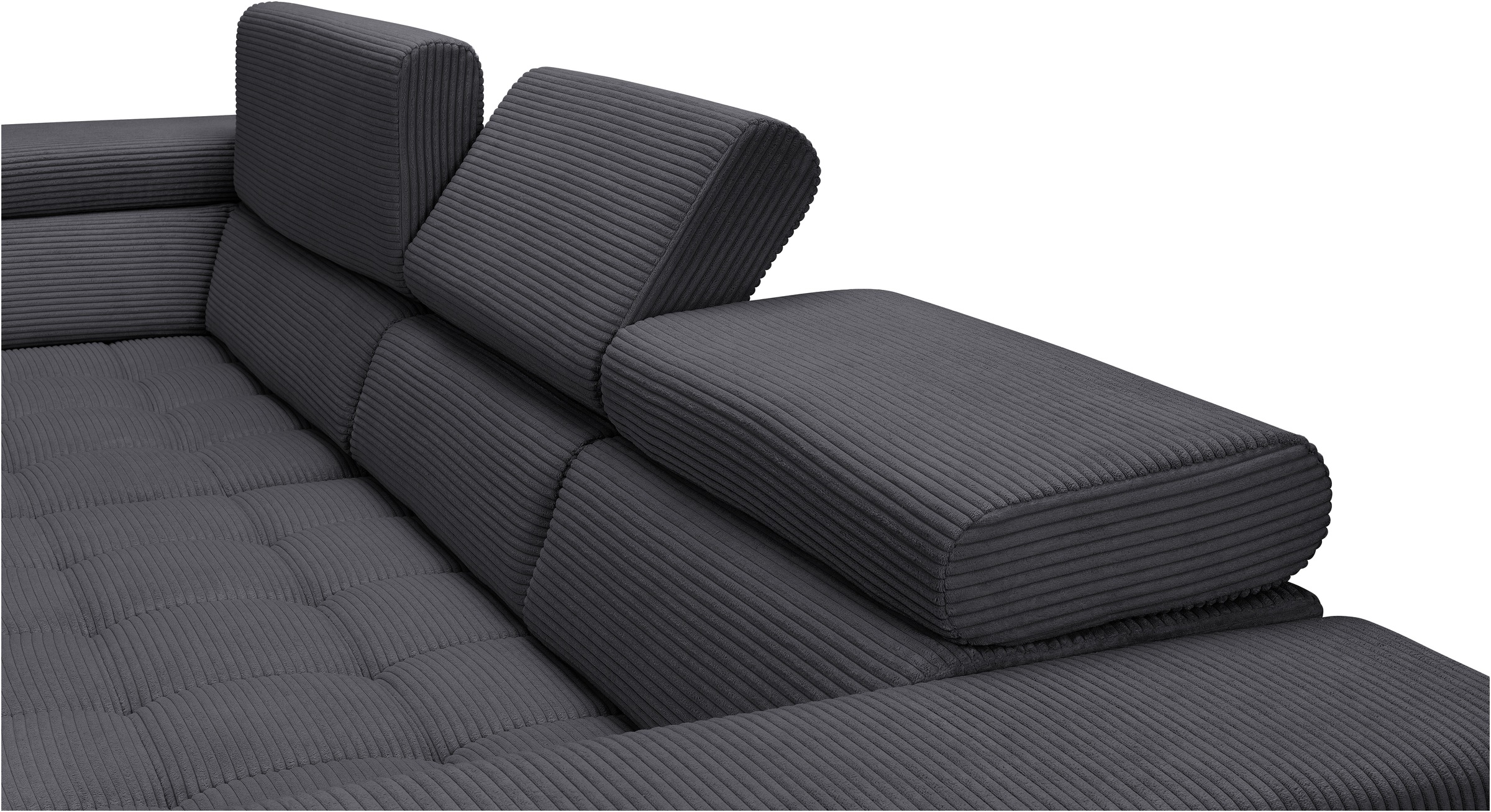 exxpo - sofa fashion Ecksofa »Elianos, hoher Sitzkomfort, aufwendige Kreuzsteppung im Sitz, L-Form«, Kopfteile & Sitztiefe verstellbar, mit Bettfunktion, Cord, antrazit