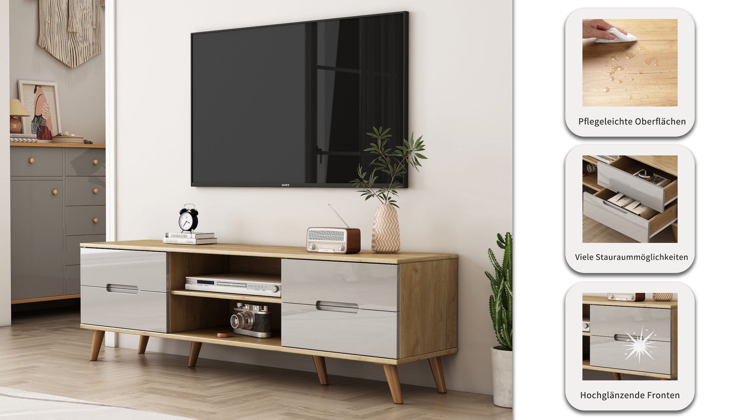 OTTO home TV-Board »Lund« glänzende Fronten, Kabeldurchführung, helles Holzdekor, Breite 160 cm