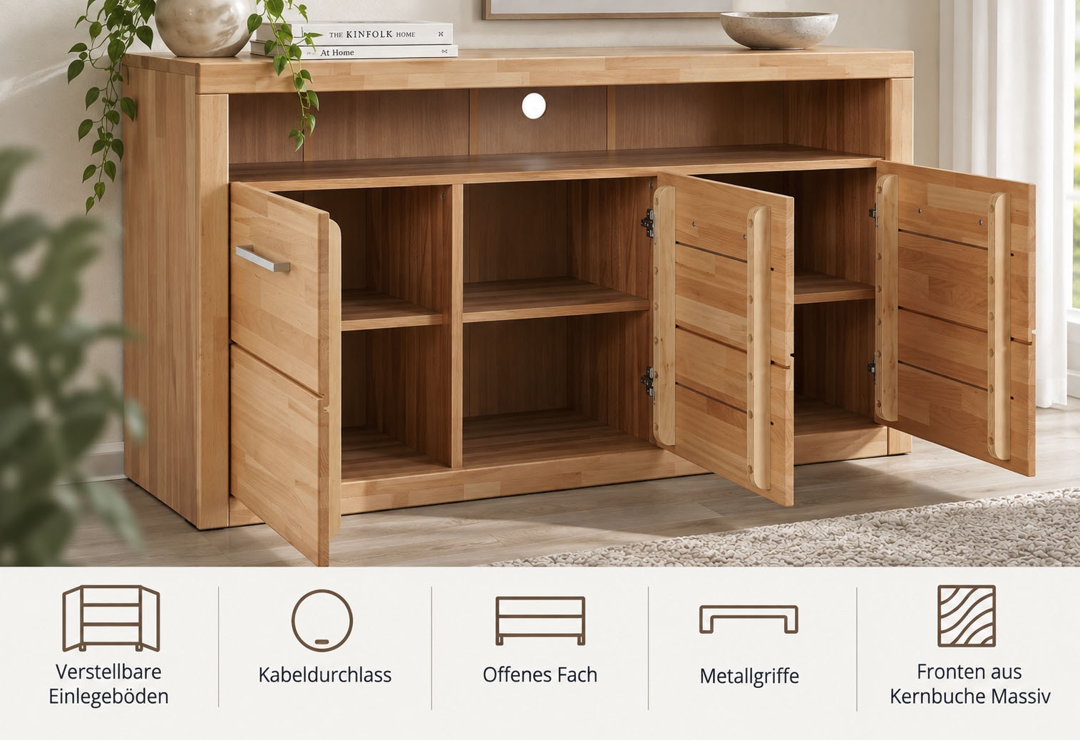 OTTO home Sideboard »Ribe,130cm breit, Fronten Massivholz,7 Fächer« Holz massiv, Holzwerkstoff, Metall Griffe,3 Türen
