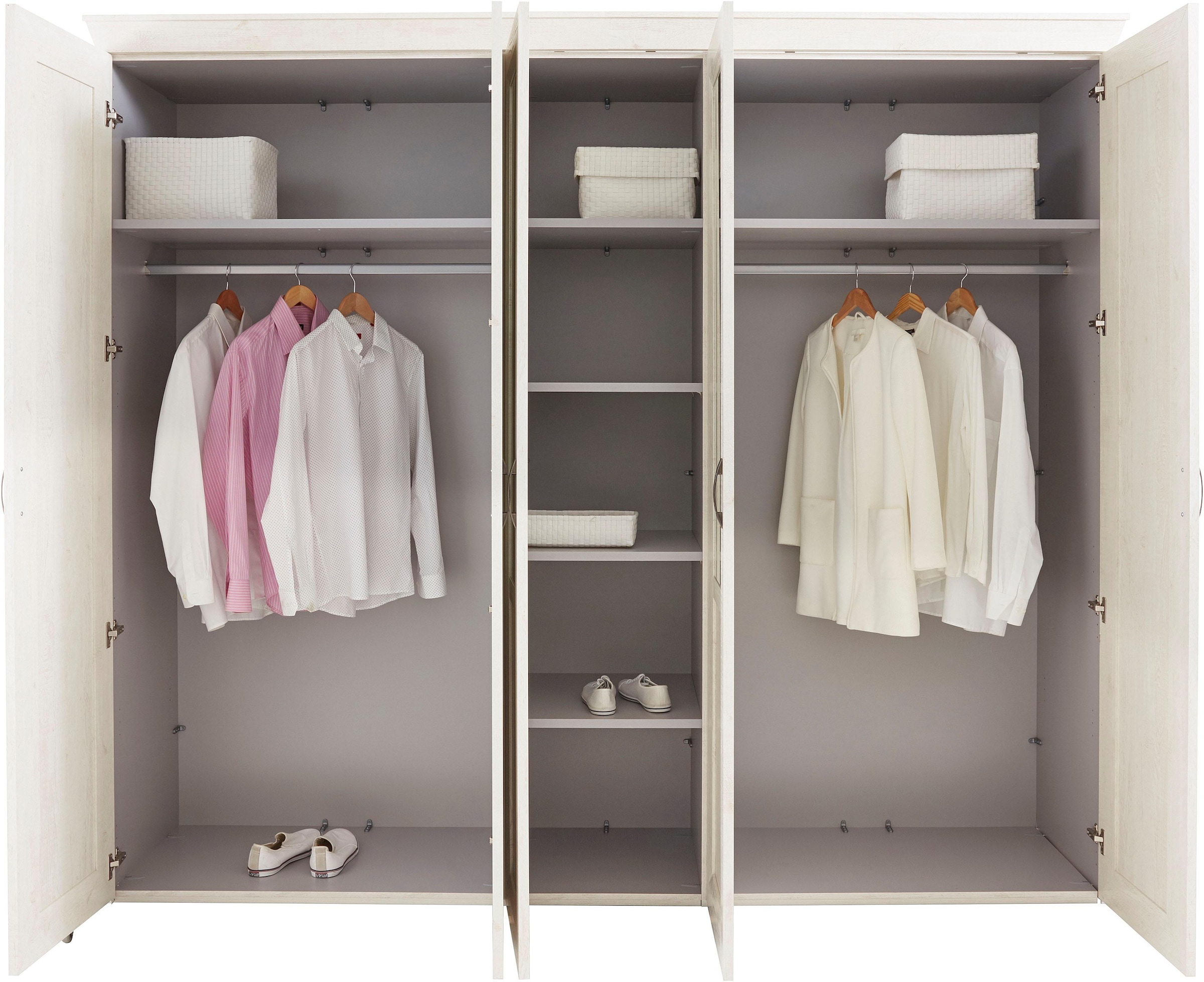 FORTE Drehtürenschrank »Kashmir, TOPSELLER, im klassischem Landhausstil, Made in Europe«, (Maße (B/T/H): 255/63/221 cm), mit Spiegel und dekorativen Fräsungen und Elementen