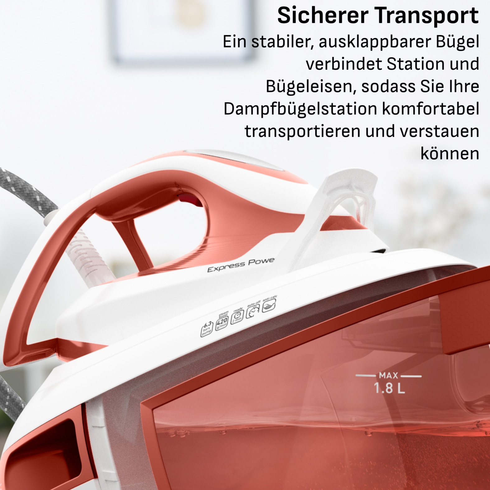 Tefal Dampfbügelstation »Express Power, 6,3 Bar Druck, 1,8 L Wassertank, Kalk-Kollektor,« 1.800 ml Wassertank 420 g/Min. extra Dampfstoß, ideal für alle Textilien, SV8110