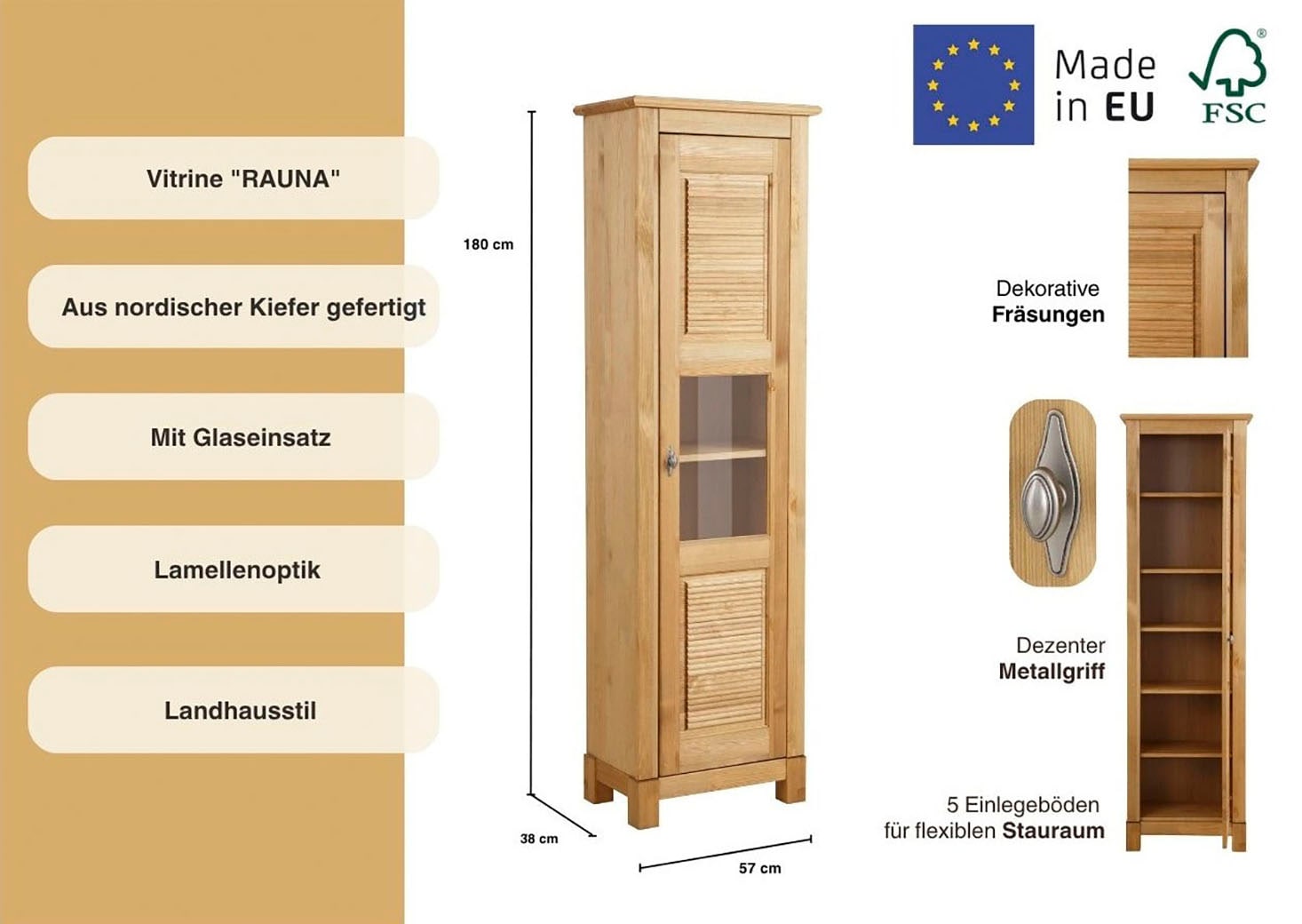 Home affaire Vitrine »Rauna Vitrinenschrank, Stauraumchrank« Höhe 180 cm, aus massiver Kiefer, FSC®-zertifiziert