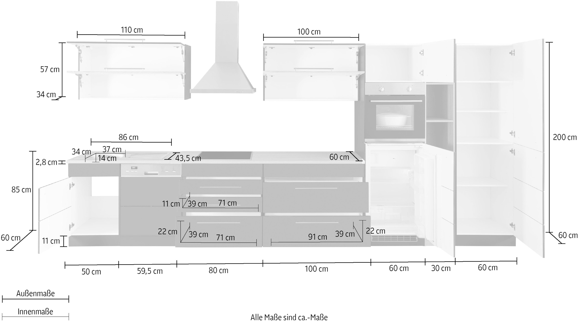 HELD MÖBEL Küchenzeile »Wien«, Breite 440 cm, wahlweise mit E-Geräten und  Induktion auf Rechnung bestellen