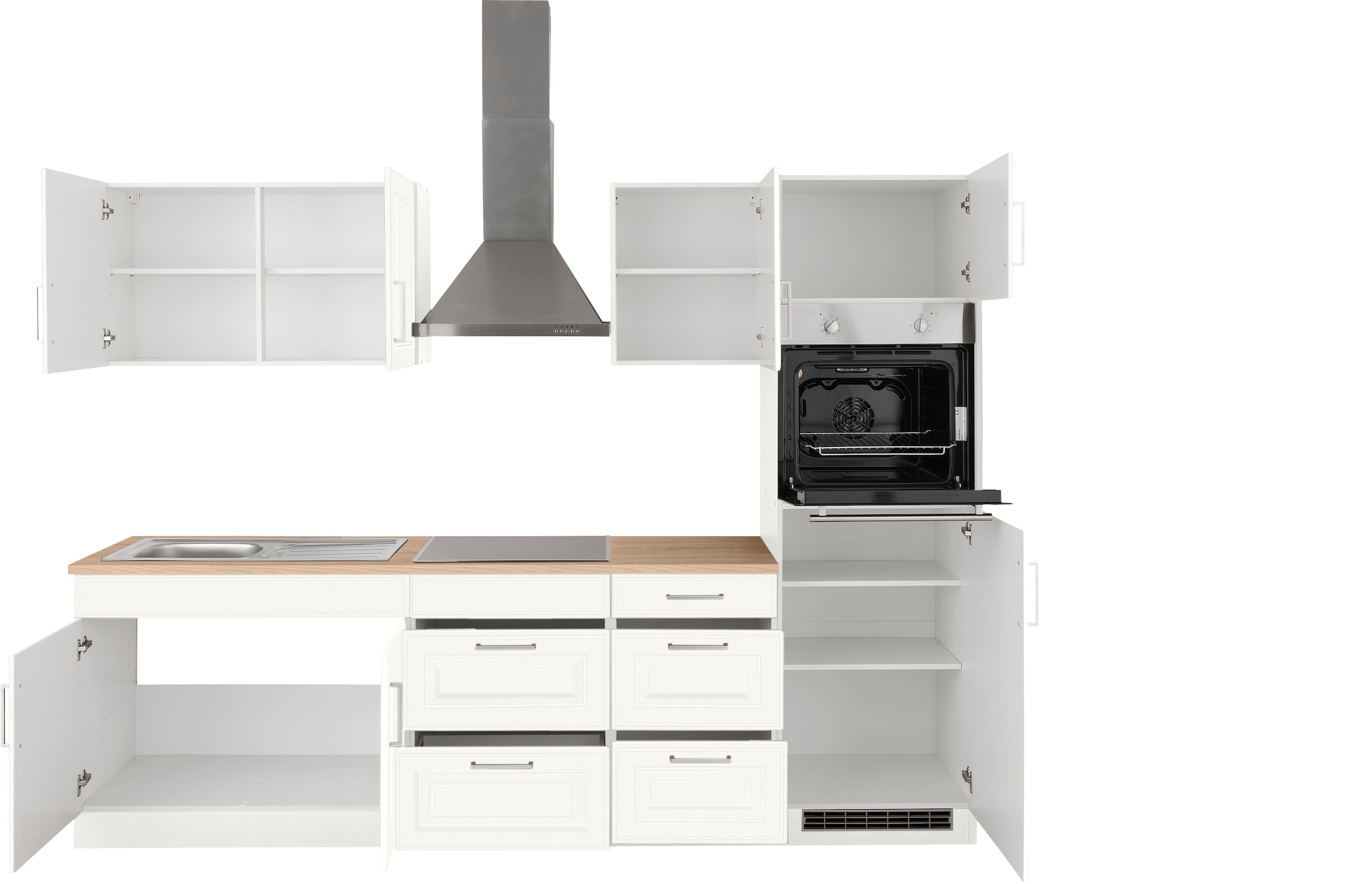 KOCHSTATION Küchenzeile »KS-Stockholm – Küche mit hochwertiger und detailreicher Landhausfront« Breite 280 cm, wahlweise mit E-Geräten,mit MDF-Fronten