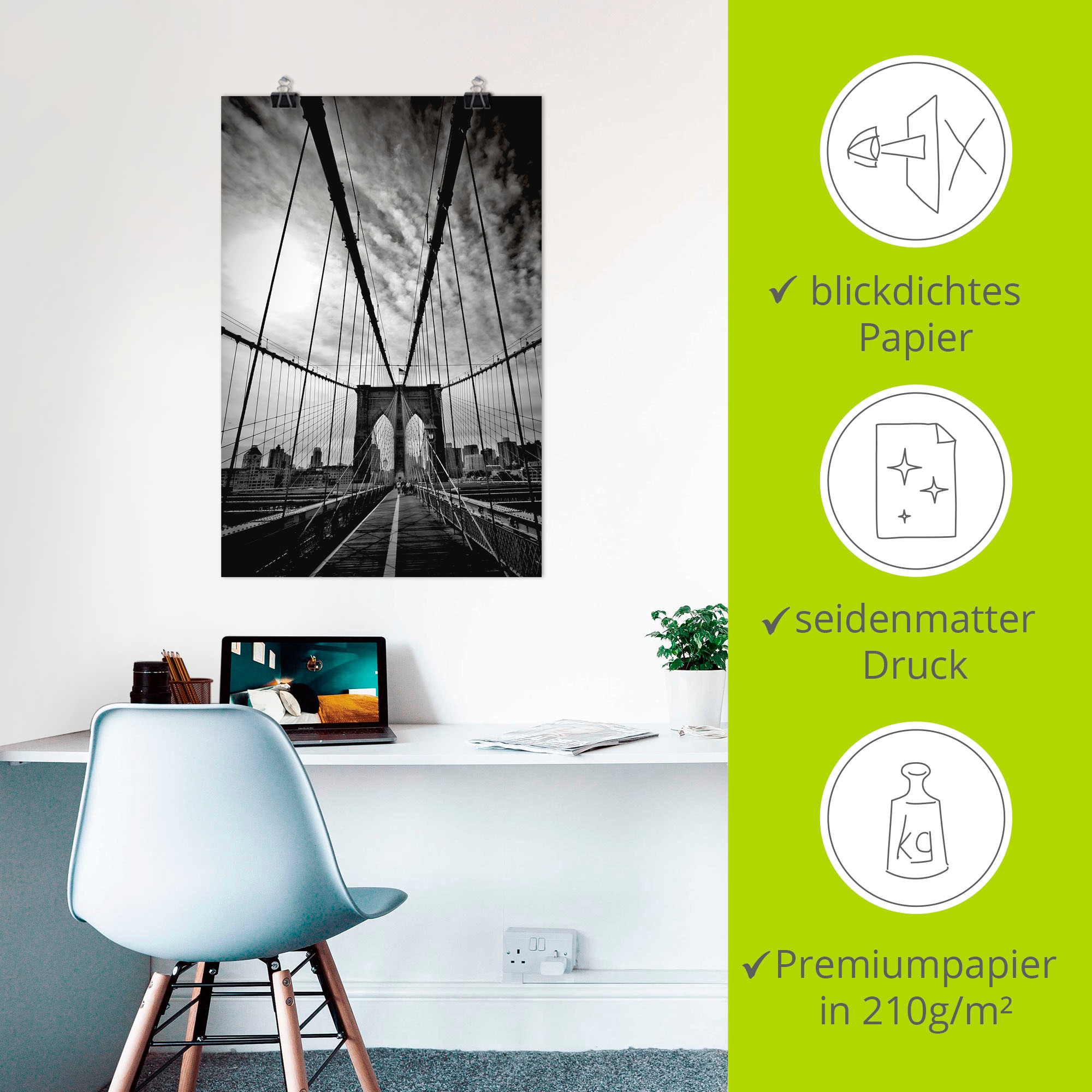 Artland Poster »New York City Mächtige Brooklyn Bridge«, Amerika, (1 St.), als Alubild, Leinwandbild, Wandaufkleber oder Poster in versch. Größen