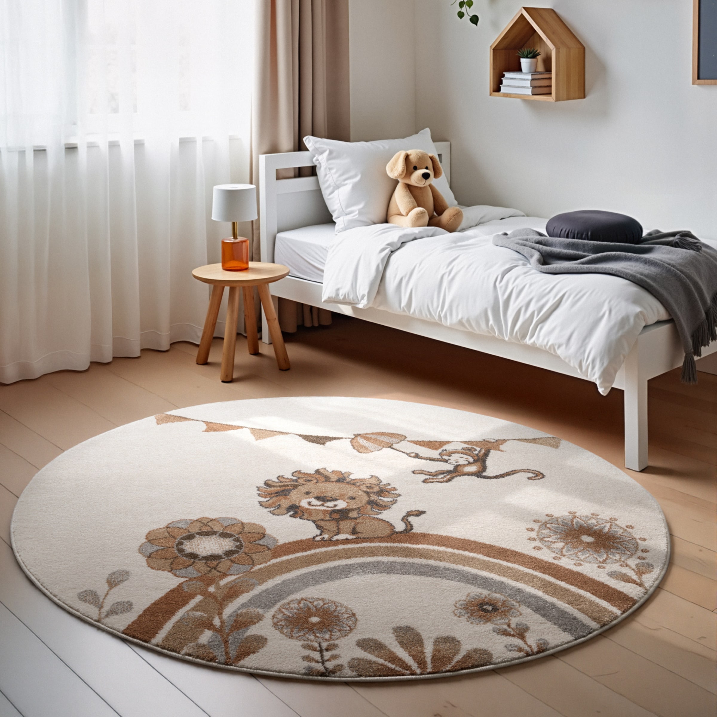 THE RUGS Villeroy & Boch Roar Lion Boho Kids Rug & Runner Soft Kids Rug in Cream | Size: 160cm diameter