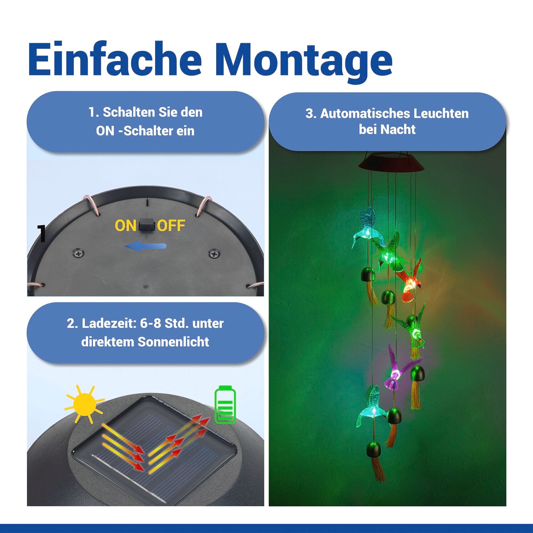 Maximex LED Gartenleuchte »Modell Kolibri« Farbwechsler solarbetriebenes Windspiel mit 6 Glocken, dekorative Gartenbeleuchtung