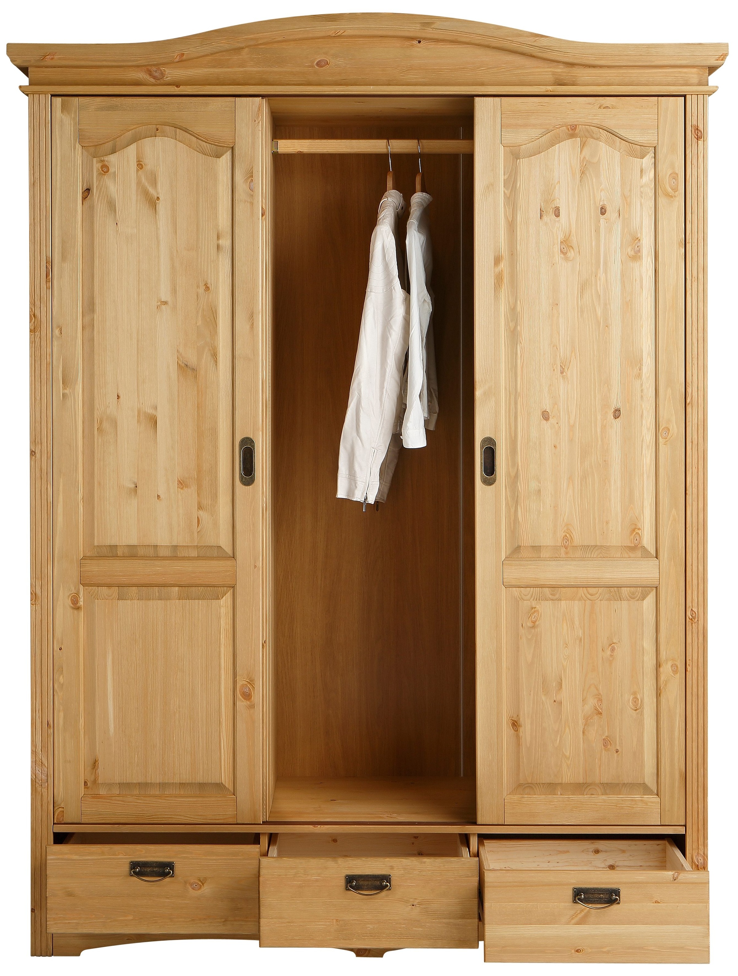 Home affaire Schiebetürenschrank »Konrad, Landhausstil, rustikal, mit Schubladen + Spiegel, Kassetten« 3 Breiten: 153/202/249 cm  H/T ca.207/64 cm,  massive Kiefer, FSC®-zertifiziert, Messinggriffe, mehrere Varianten