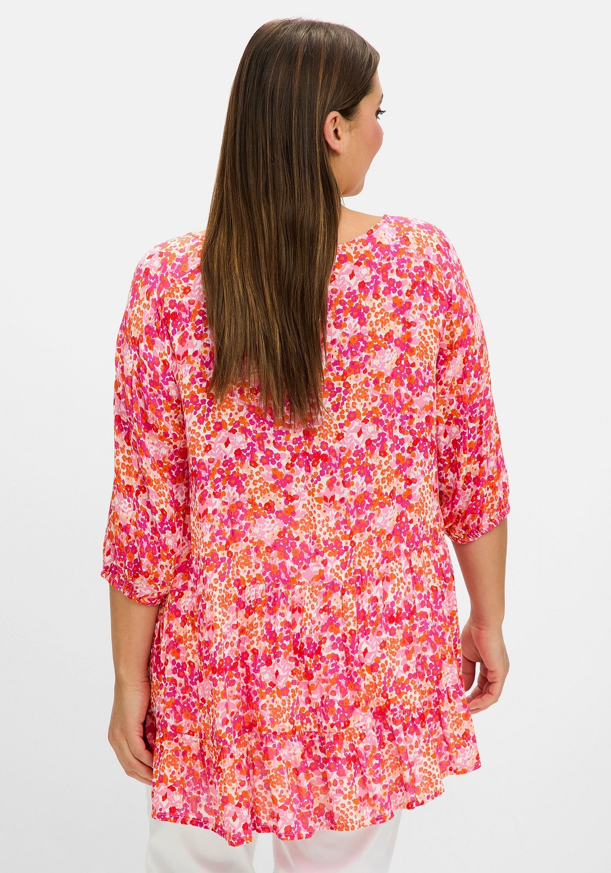 Sheego Druckbluse »Crêpe-Bluse mit weitem Ausschnitt und Volant am Saum«