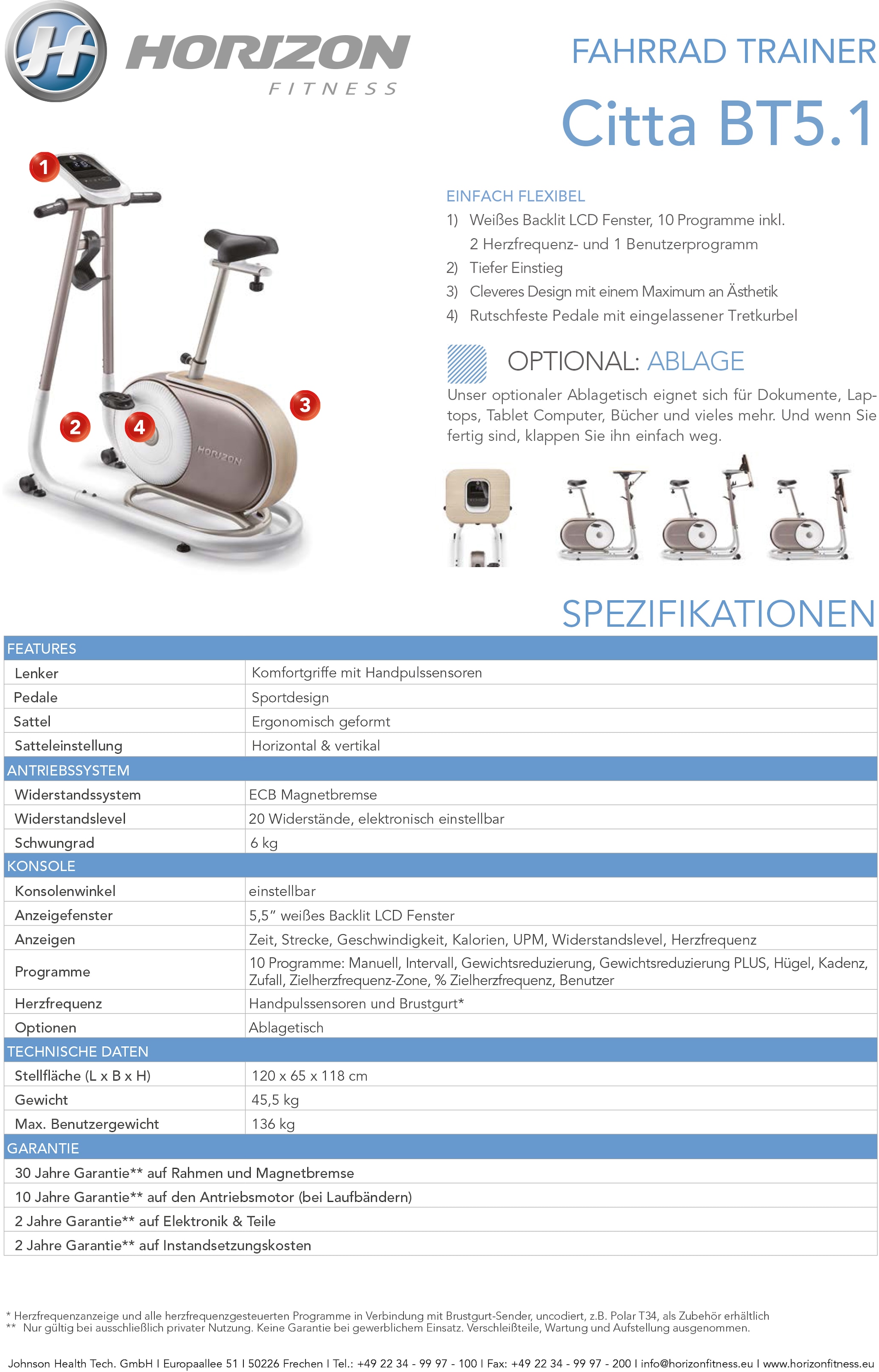 Horizon Fitness Heimtrainer »Citta BT5.1«, Schwungmasse ca. 6 kg, 20 Widerstandsstufen