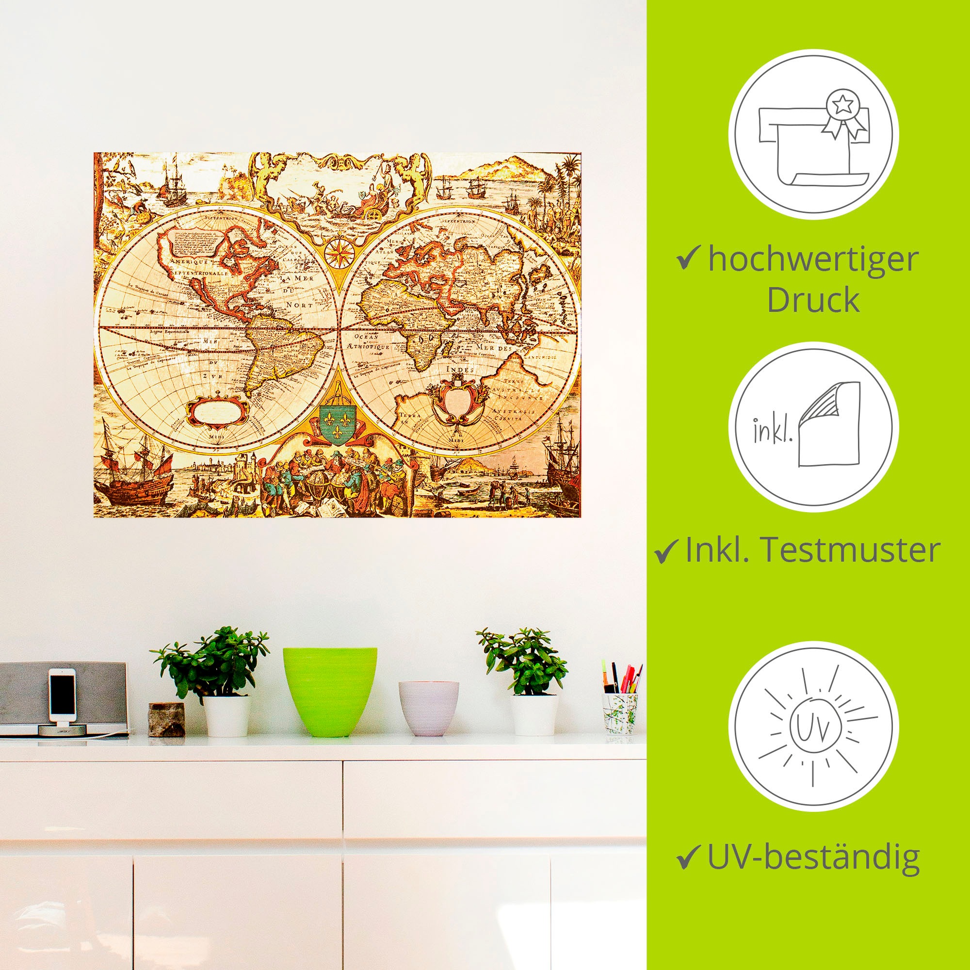 Artland Wandbild »Antike Weltkarte«, Landkarten, (1 St.), als Alubild, Outdoorbild, Leinwandbild, Poster, Wandaufkleber