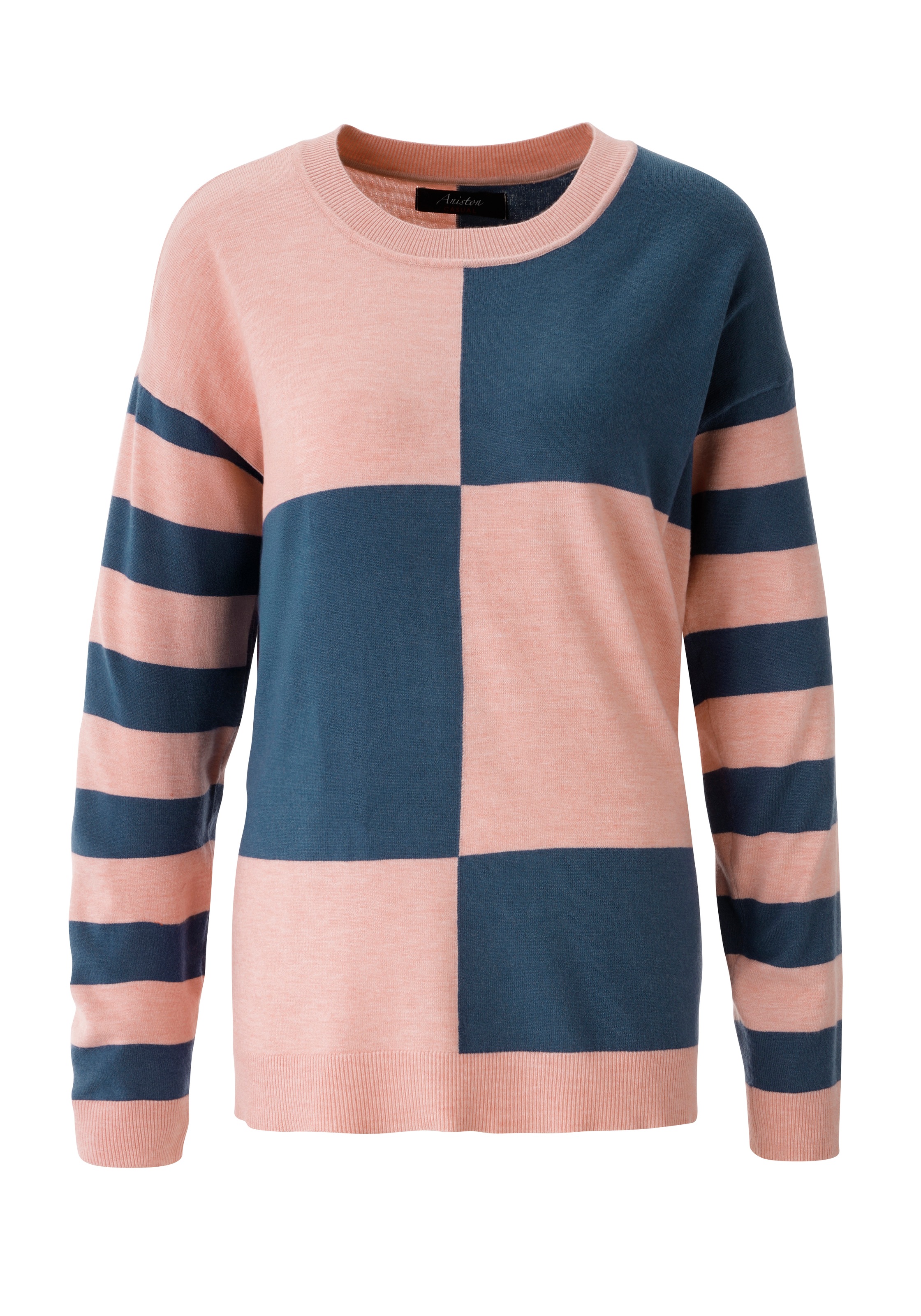 Aniston CASUAL Strickpullover mit großflächigem Patchmuster und geringelten Ärmeln