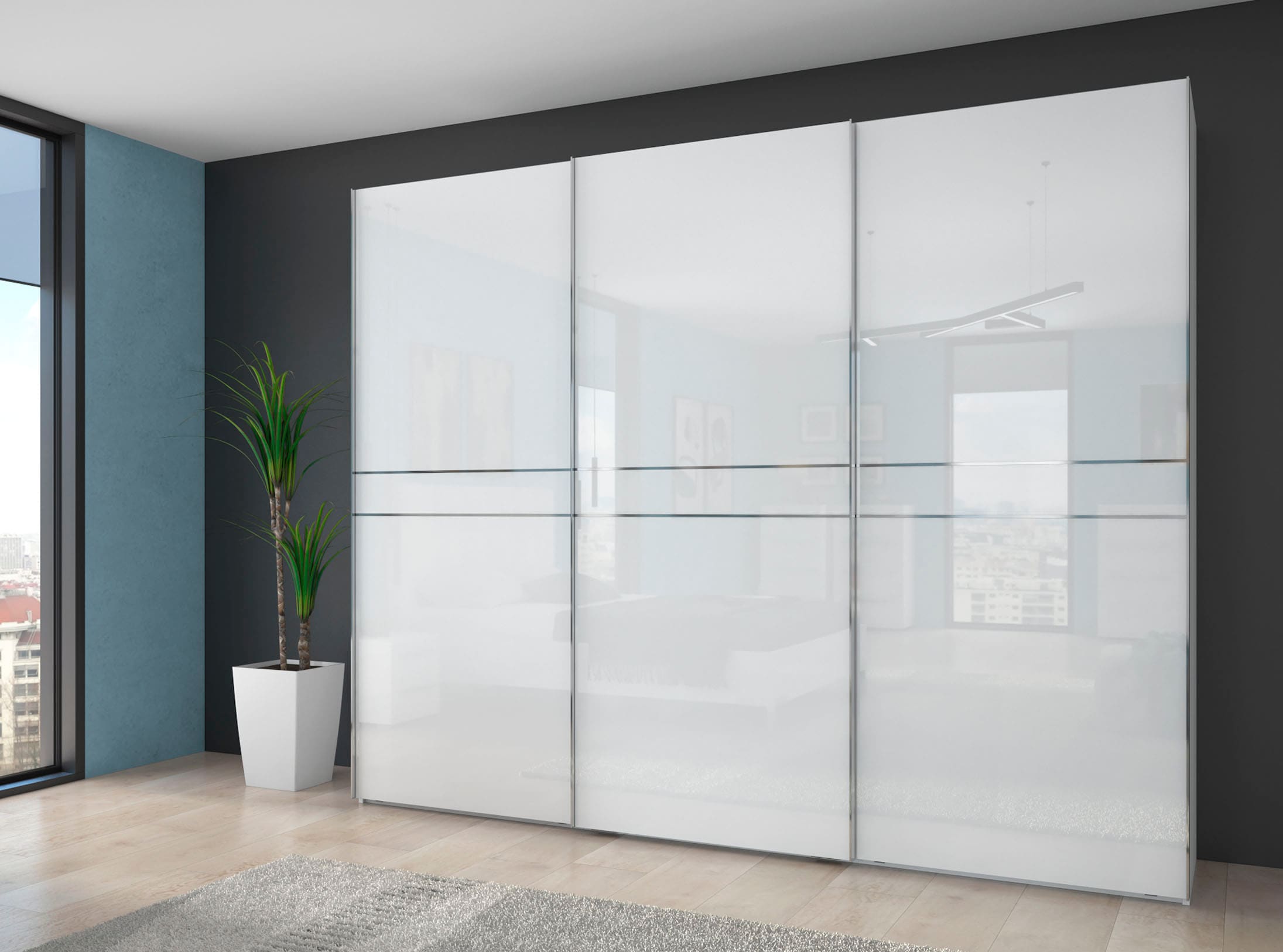 Places of Style Schwebetürenschrank »Piano, FSC-zertifiziert, mit Einlegeböden und Kleiderstangen«, (in 3 Breiten, 224cm hoch), UV lackiert, hochglänzend, mit Soft-Close Funktion, in beige oder weiß