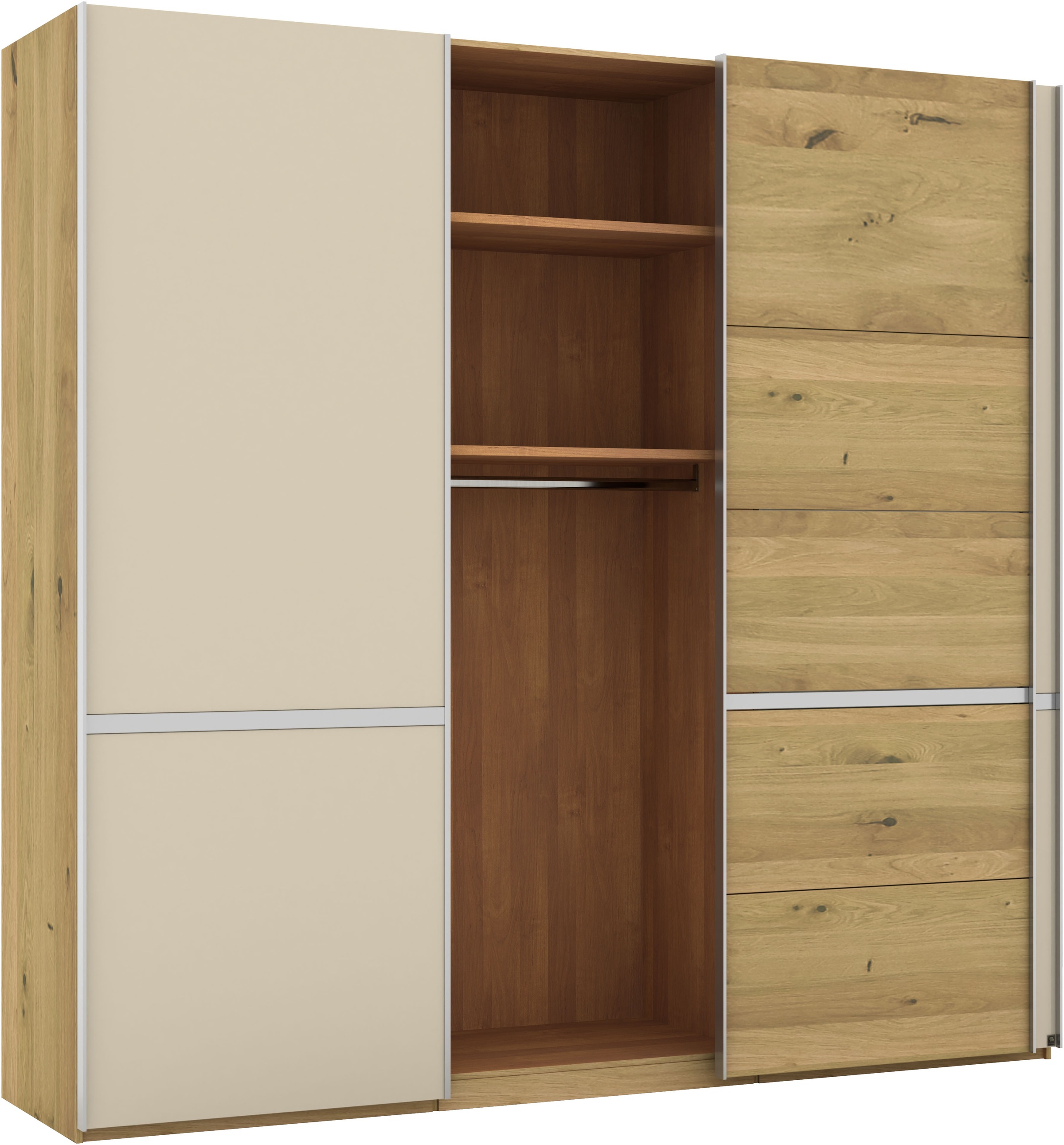 Musterring Schwebetürenschrank »Savona, Kleiderschrank, Schrank, Garderobe, mit Schiebetüren«, (Teilmassiv Bianco-Eiche, mit Spiegel oder Glas, MADE IN GERMANY), Türen Bianco-Eiche massiv, Spiegel-/Glastüren, eingelegte Chromleiste