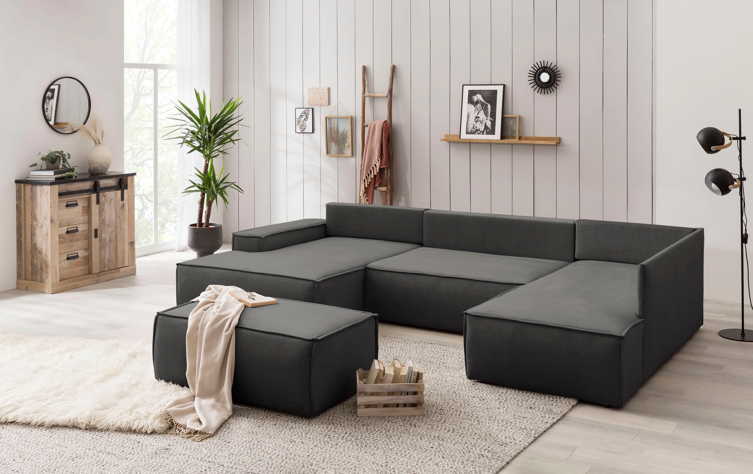 Home affaire Wohnlandschaft »SHERWOOD 329 cm, U-Form, Schlafsofa,«, Schlaffunktion m. Bettkasten (194x139 cm), Cord, Vintage, Samtvelours