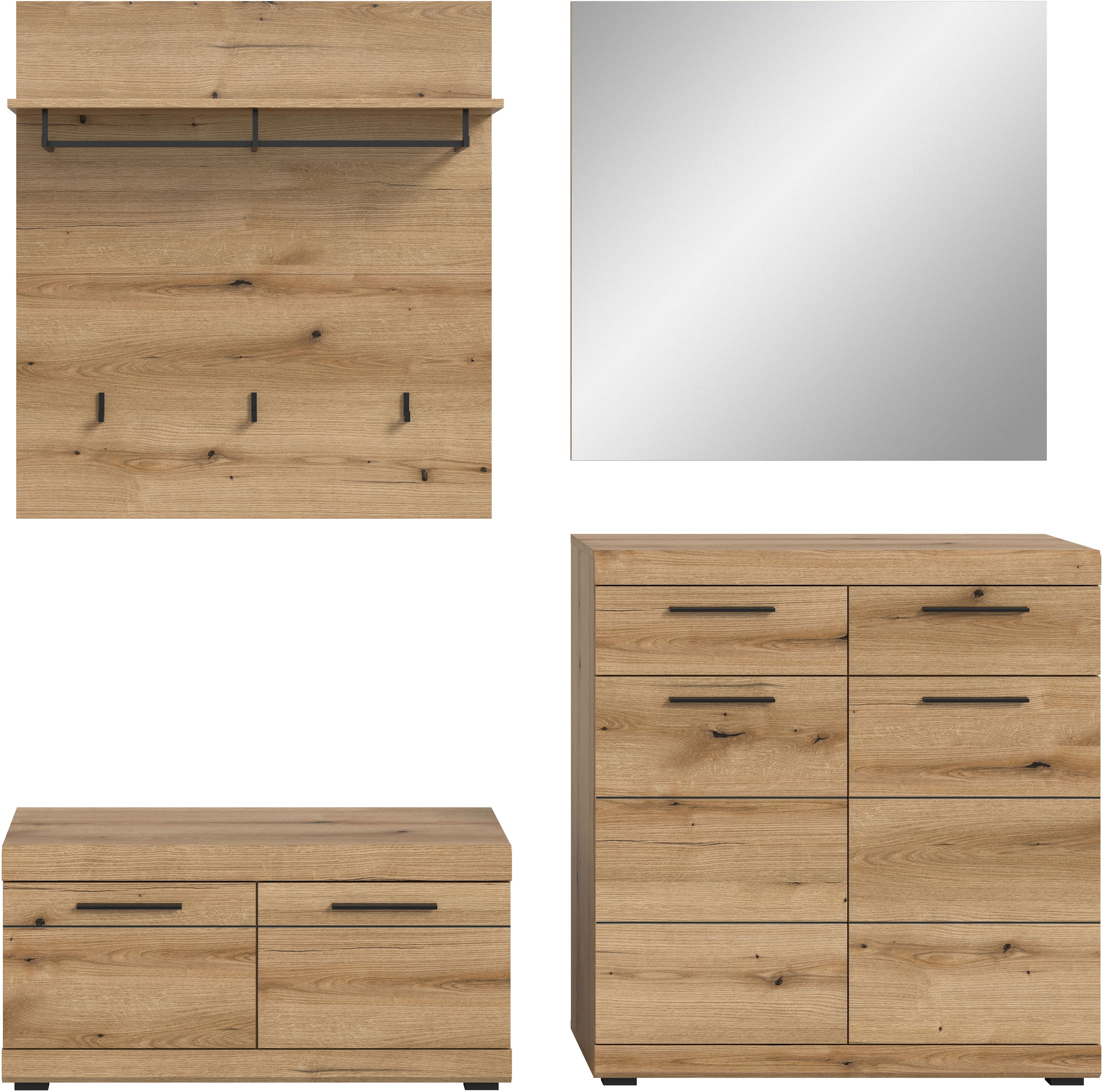 INOSIGN Garderoben-Set »Siena, Fronten mit hochwertiger Rillenfräsung, 4-teilig,bestehend aus:« Komplett-Set, bestehend aus: Sitzbank, Garderobenpaneel, Schuhschrank und Spiegel, 4 Stk. tlg.