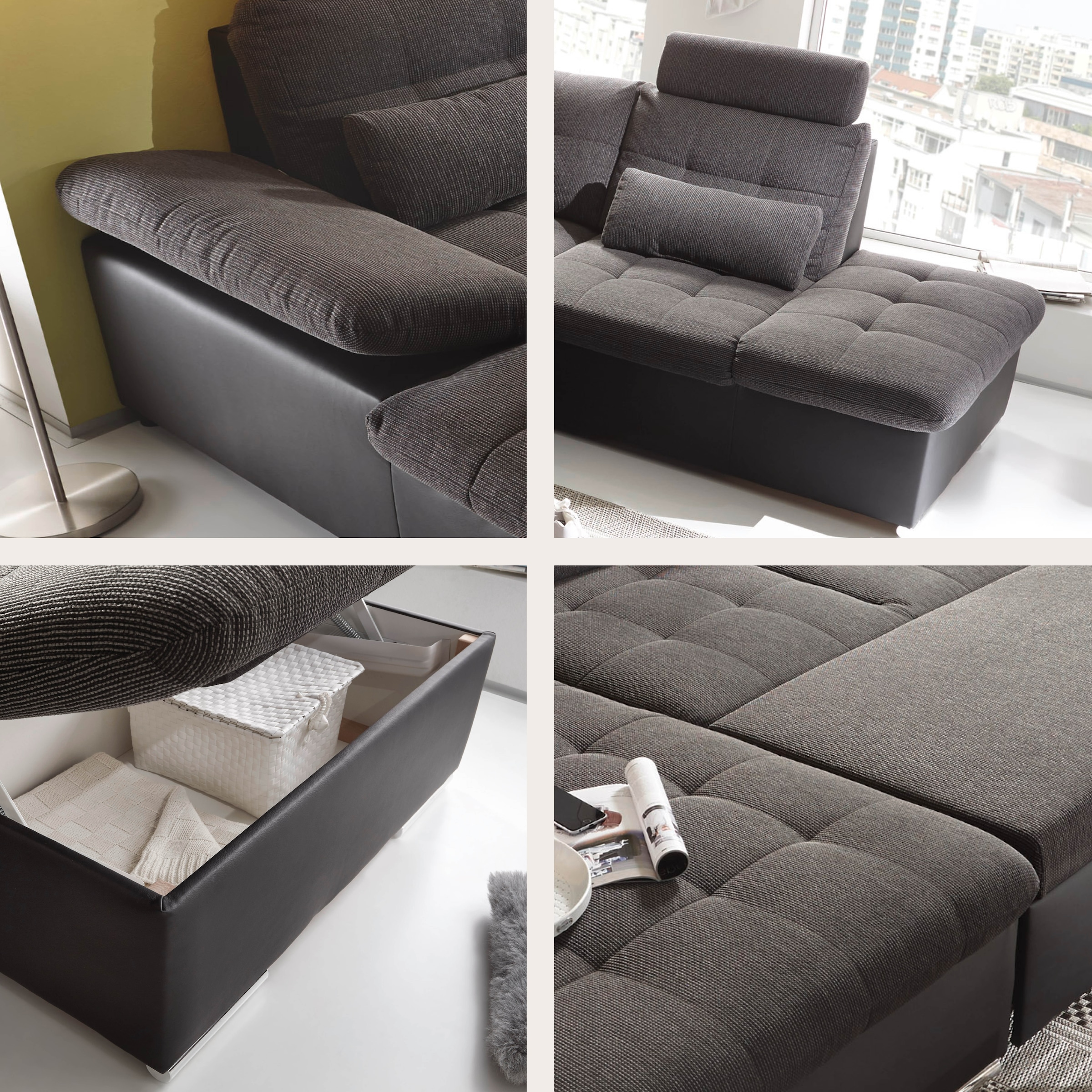 ED EXCITING DESIGN Wohnlandschaft »Jakarta U-Form mit Bettfunktion, Bettkasten« Armteilverstellung, Kopfstützen & 3 Nierenkissen